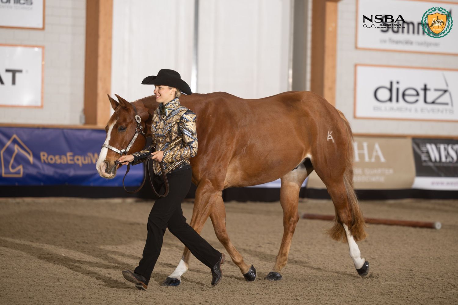 A woman in a black cowboy hat leads a chestnut horse in an NSBA show arena.