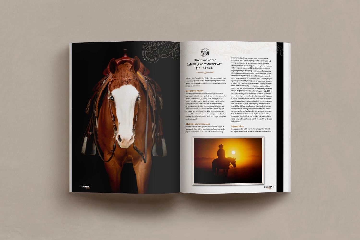 Double-page magazine spread showing artistic equestrian photography against black backgrounds.