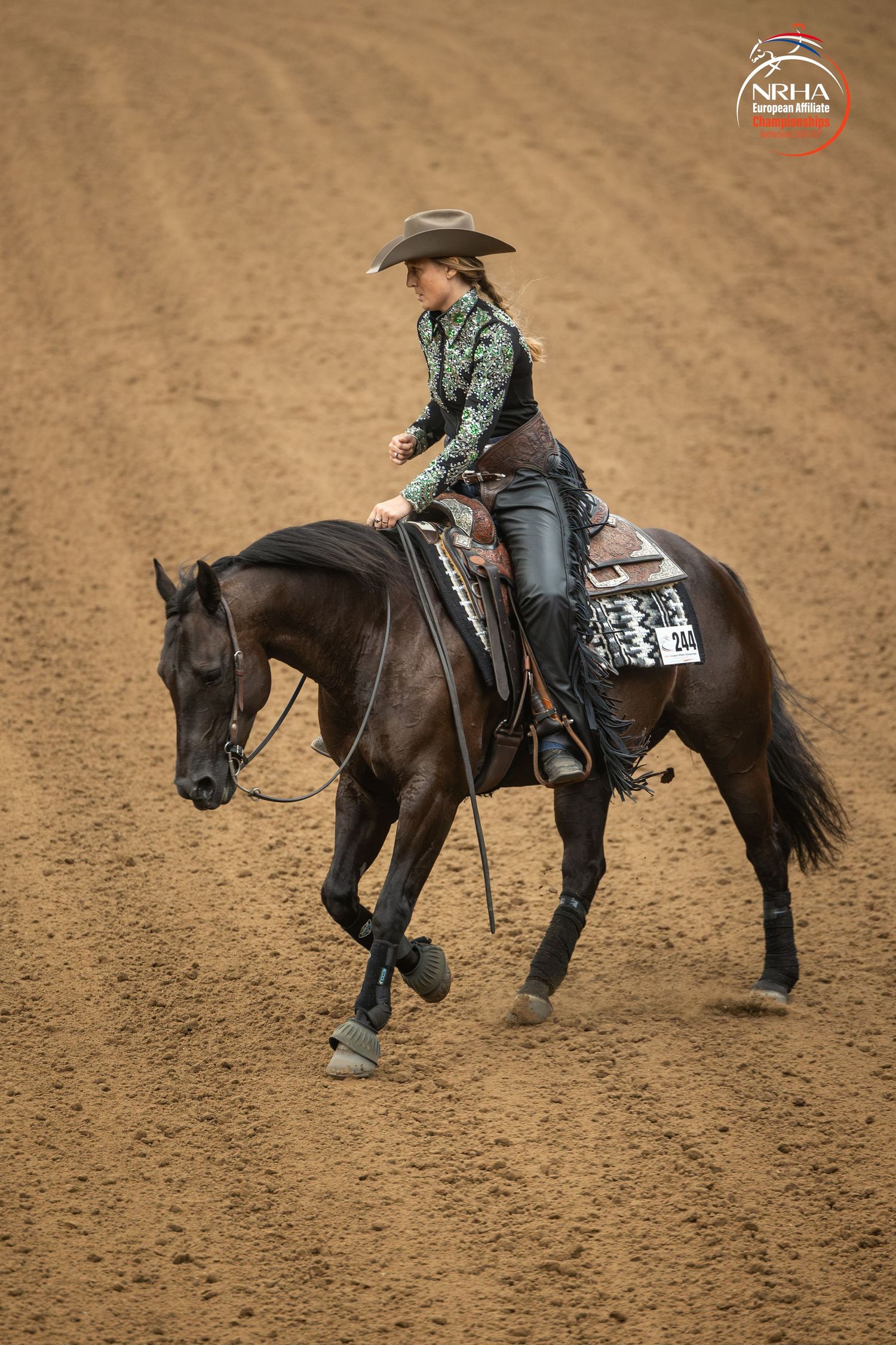 A young female rider in a green shirt and cowboy hat competes on a dark bay horse at an NRHA reining event.