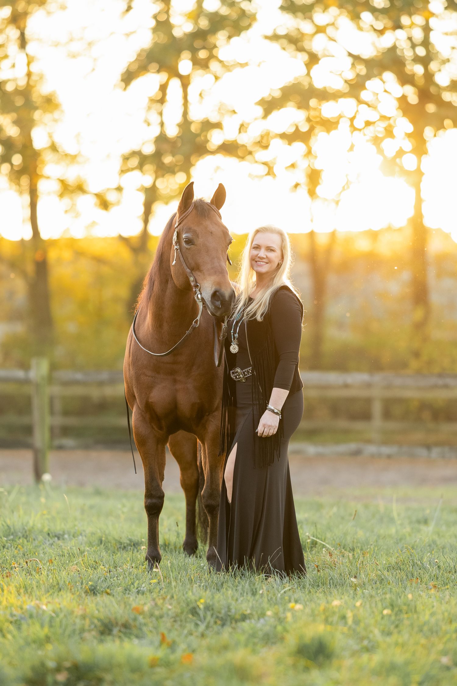 A brown horse and person in black dress stand together in a sunlit field with yellow flowers at sunset.