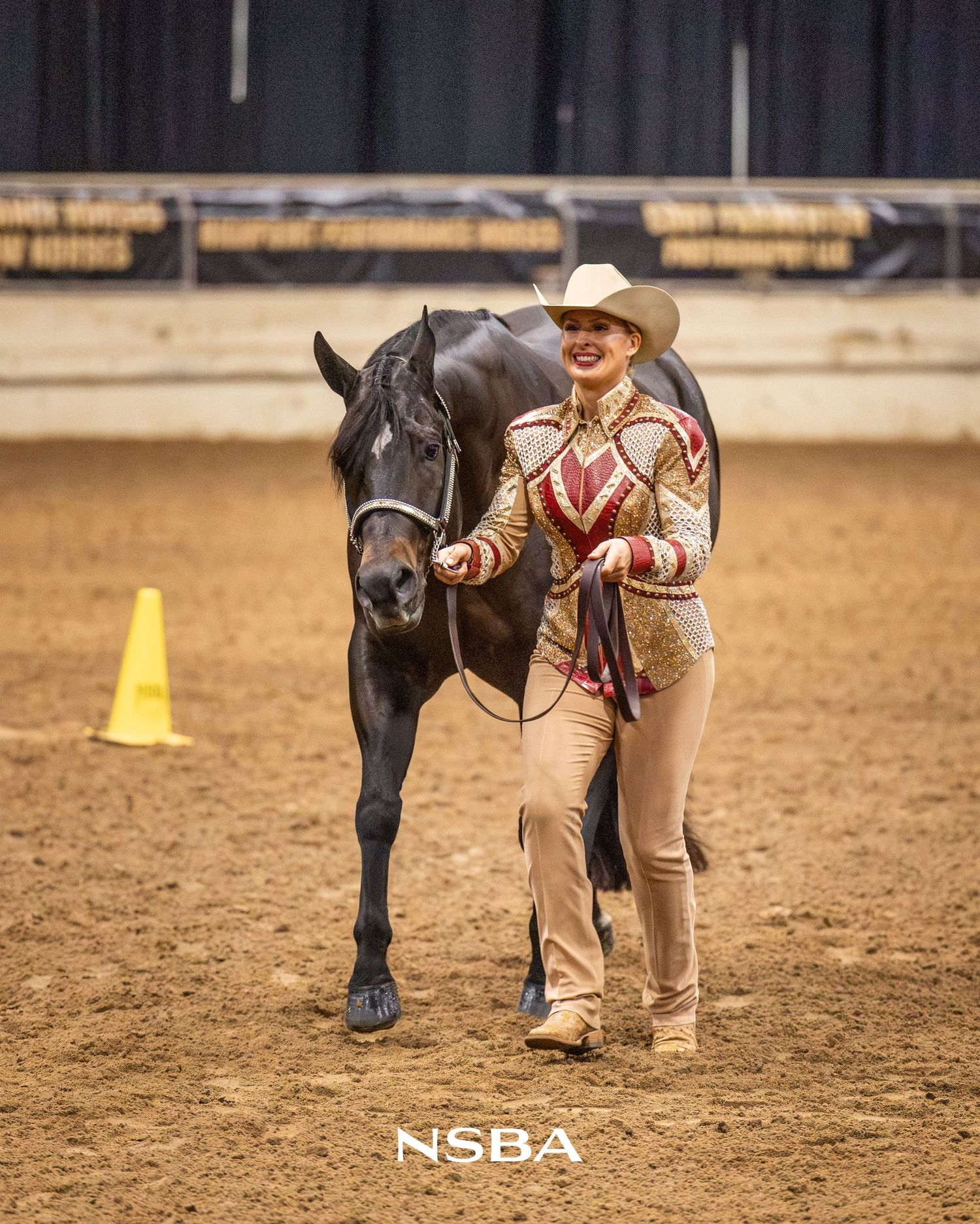 Woman in western show attire leading a black horse at the NSBA World Show