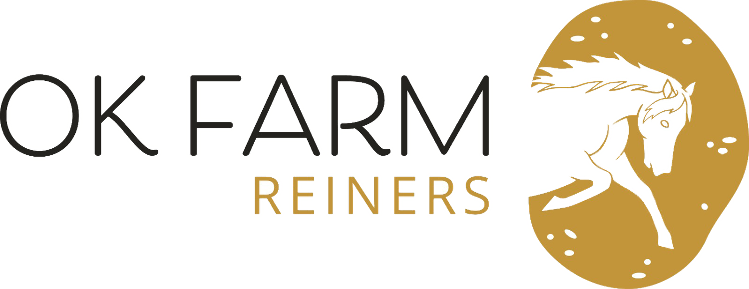 OK Farm Reiners logo featuring bold text and a golden circle with a reining horse silhouette.