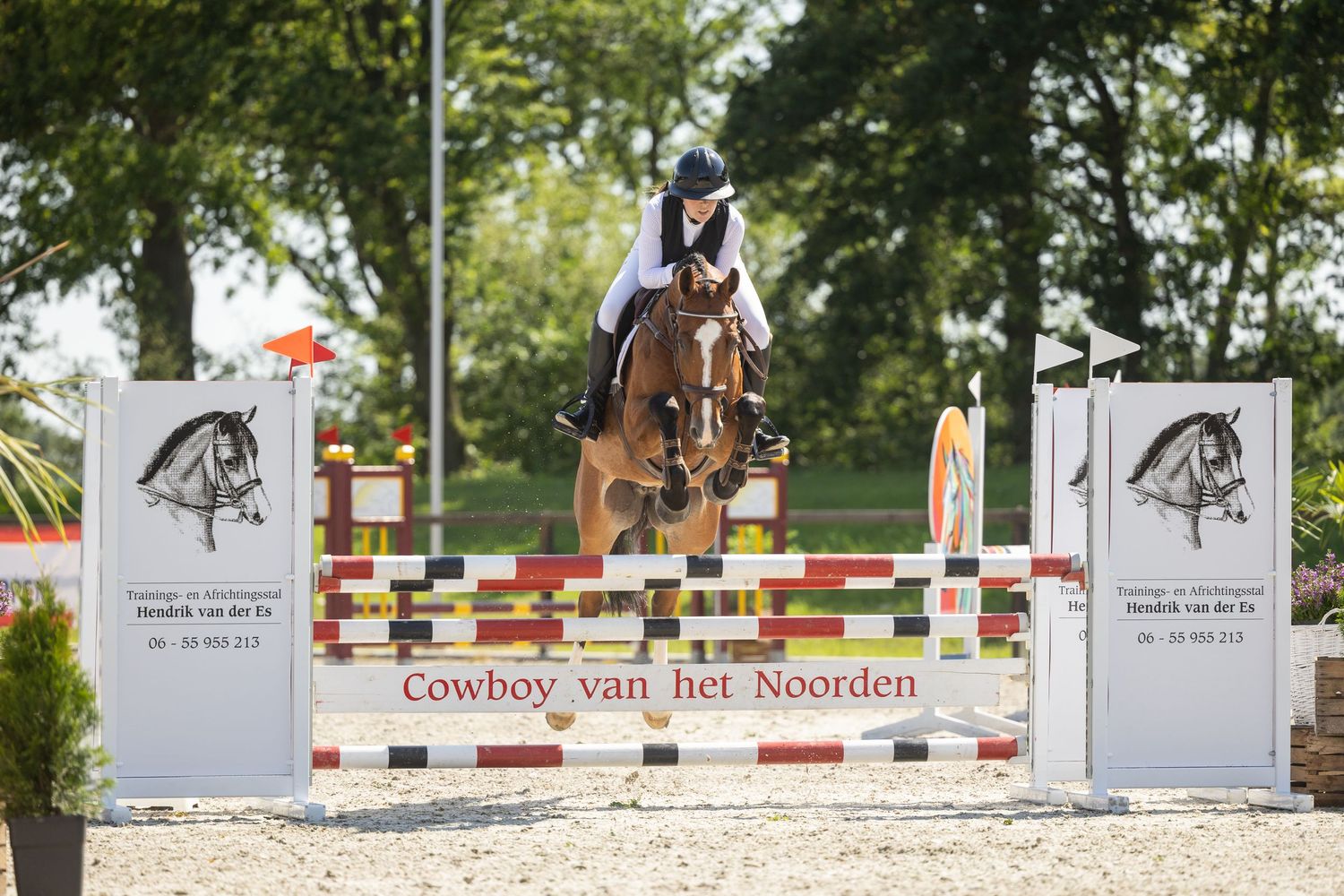 Equestrian rider on brown horse jumping over colorful fence at Cowboy van het Noorden show jumping competition.
