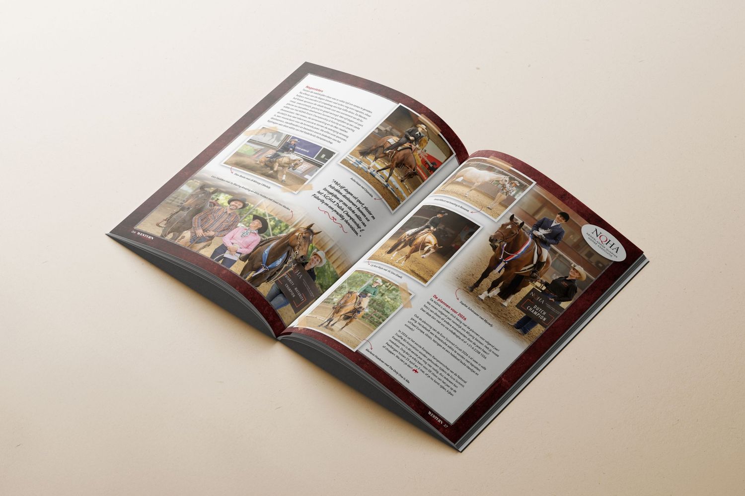 Professional magazine layout with photos and text displayed on white background.
