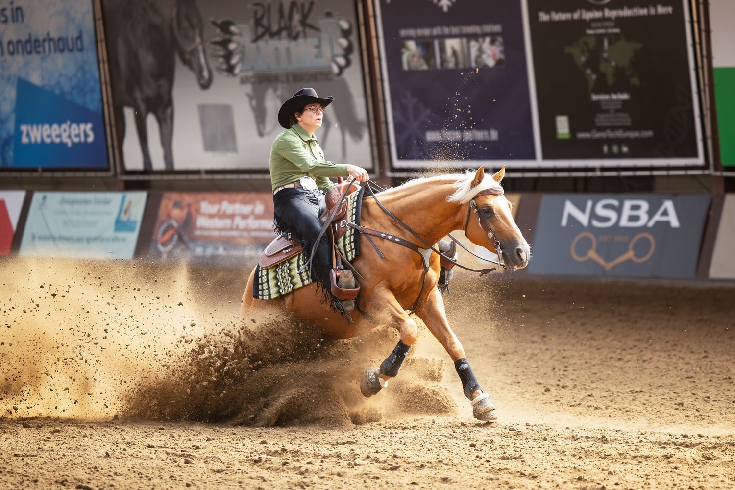 Horse and rider performing reining pattern in indoor arena with sponsor banners.