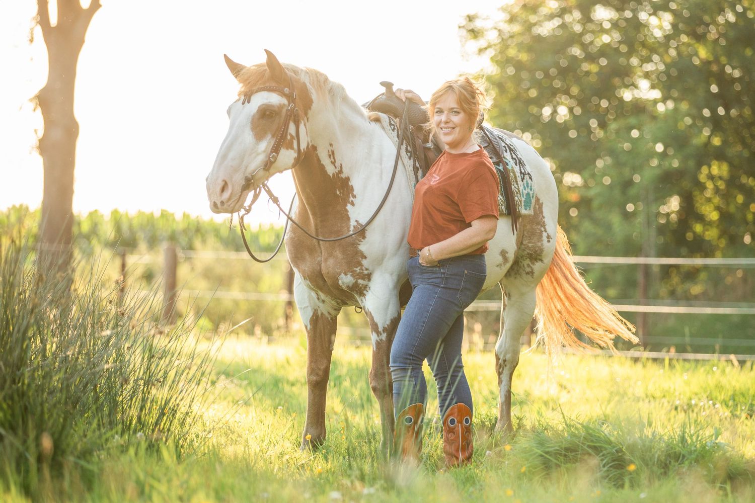 Paint horse and companion sharing a tender moment in a sunlit field with trees.