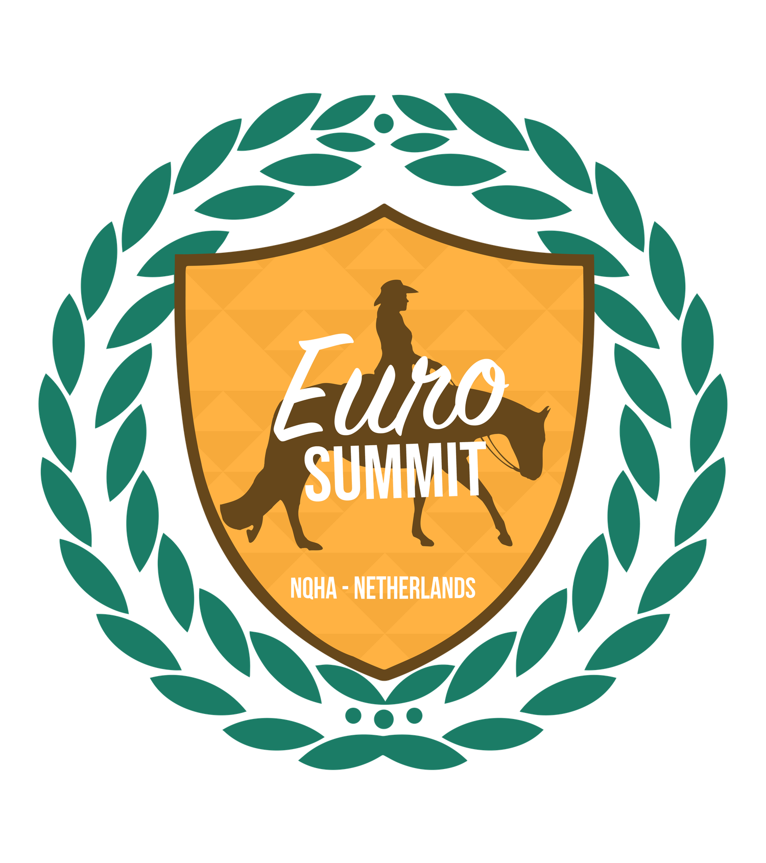 Stylized Euro Summit logo designs featuring horse silhouettes in gold shields with green laurel wreaths.