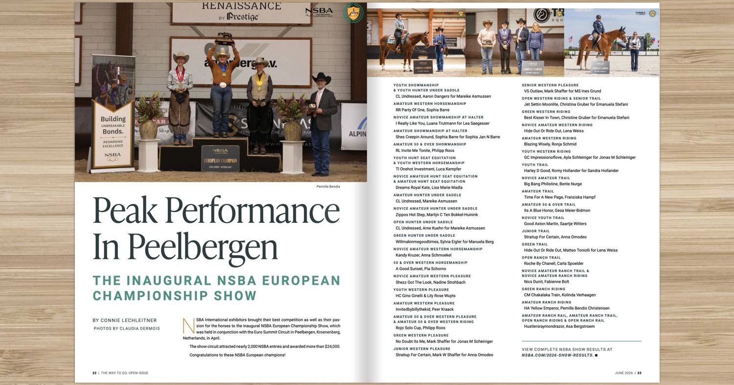 Magazine spread featuring the inaugural NSBA European Championship Show at Peelbergen with equestrian competitors and award ceremony.