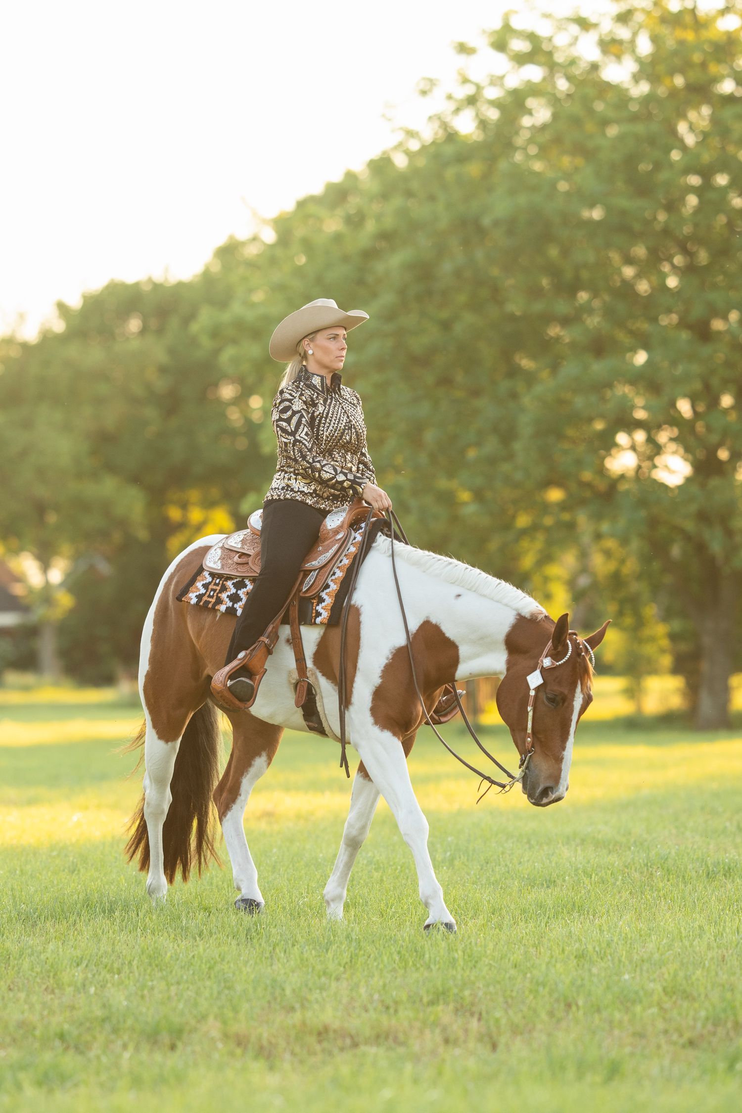 A paint horse and rider move through a grassy field during sunset.