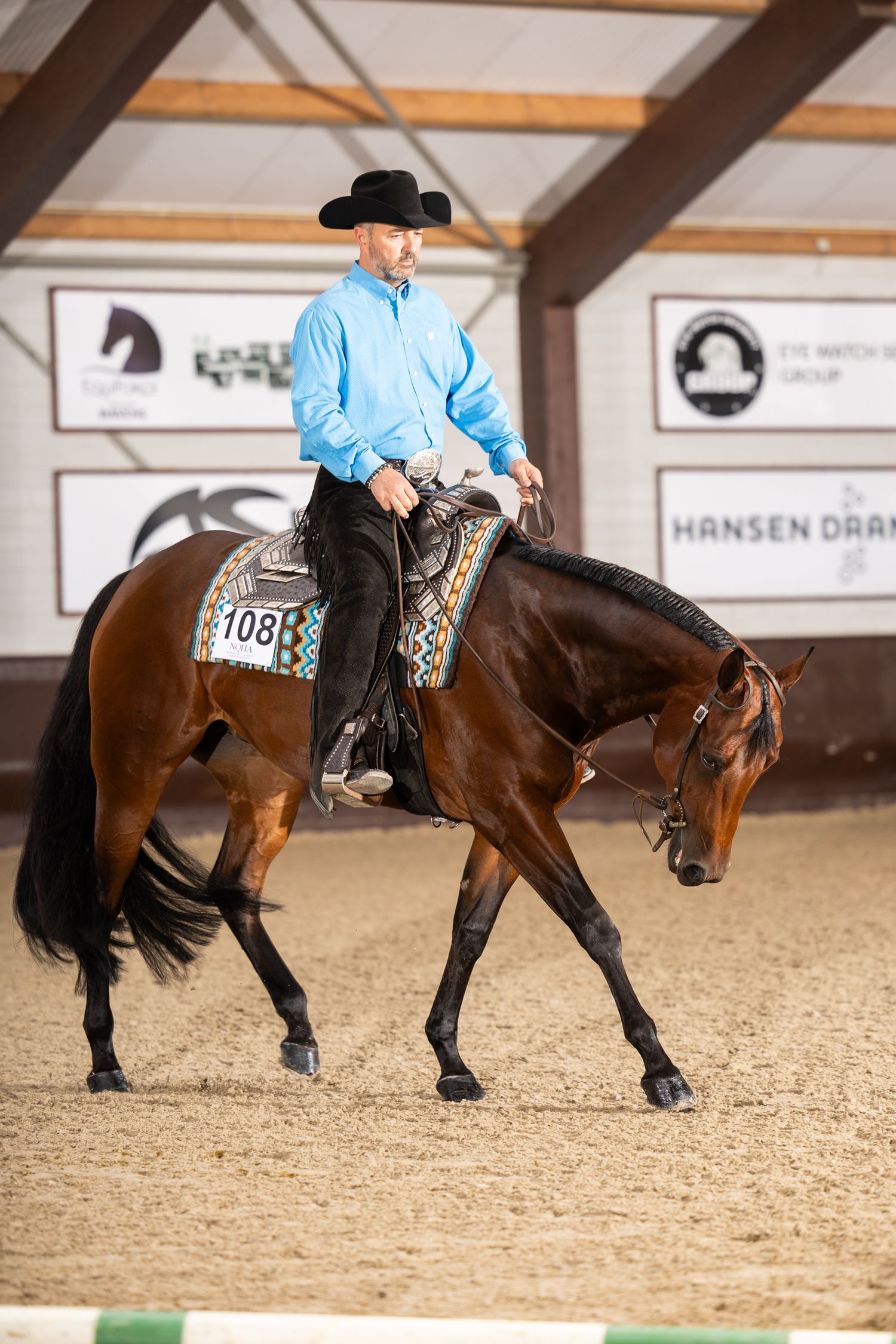 Equestrian performs a sliding stop maneuver on a brown horse in an indoor arena.