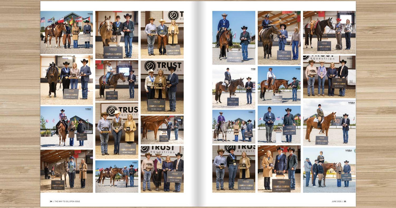A photo collage from an equestrian show featuring riders, horses, and award presentations with TRUST sponsor banners.