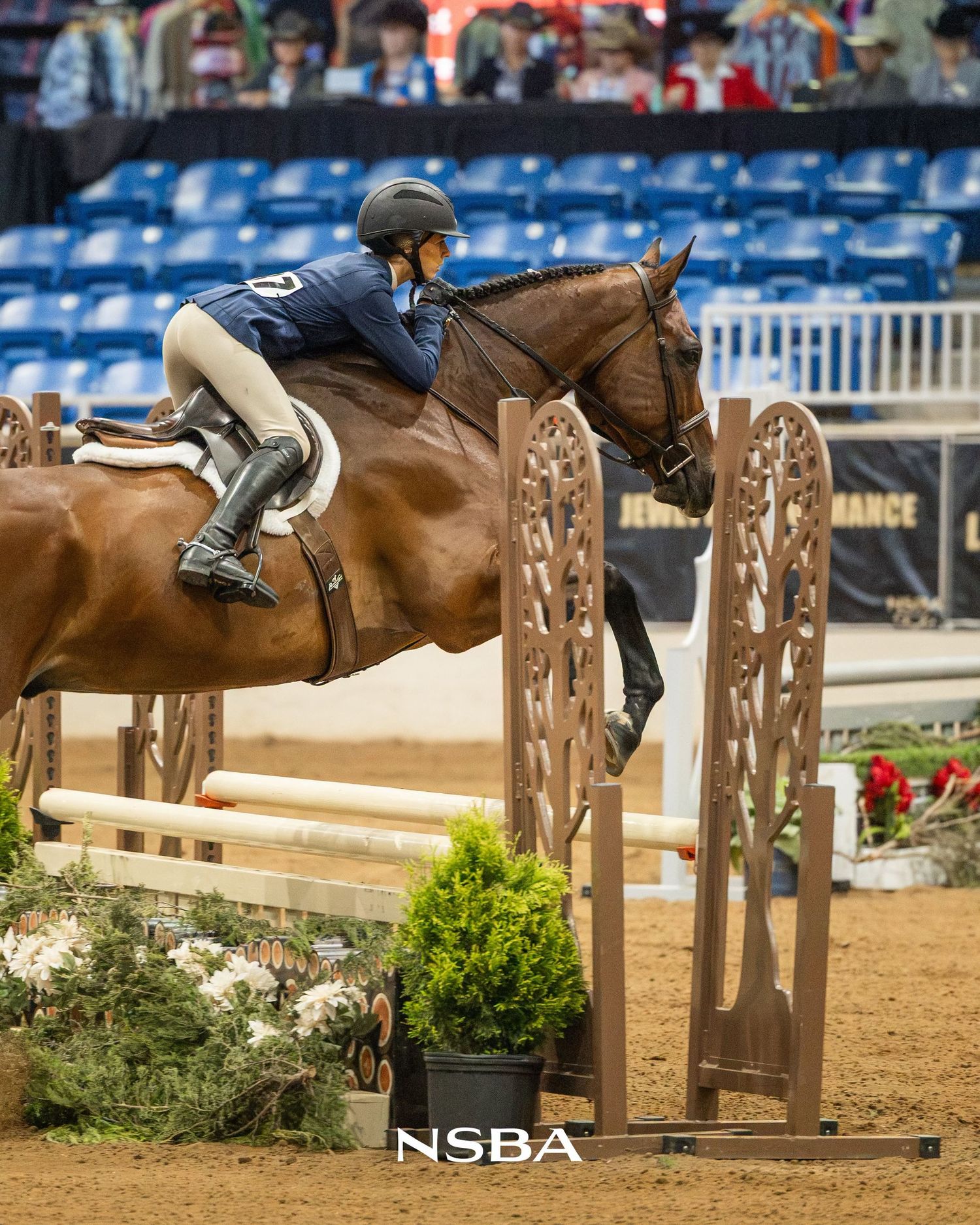 Equestrian rider in navy jacket jumps chestnut horse over wooden fence at the NSBA World Show