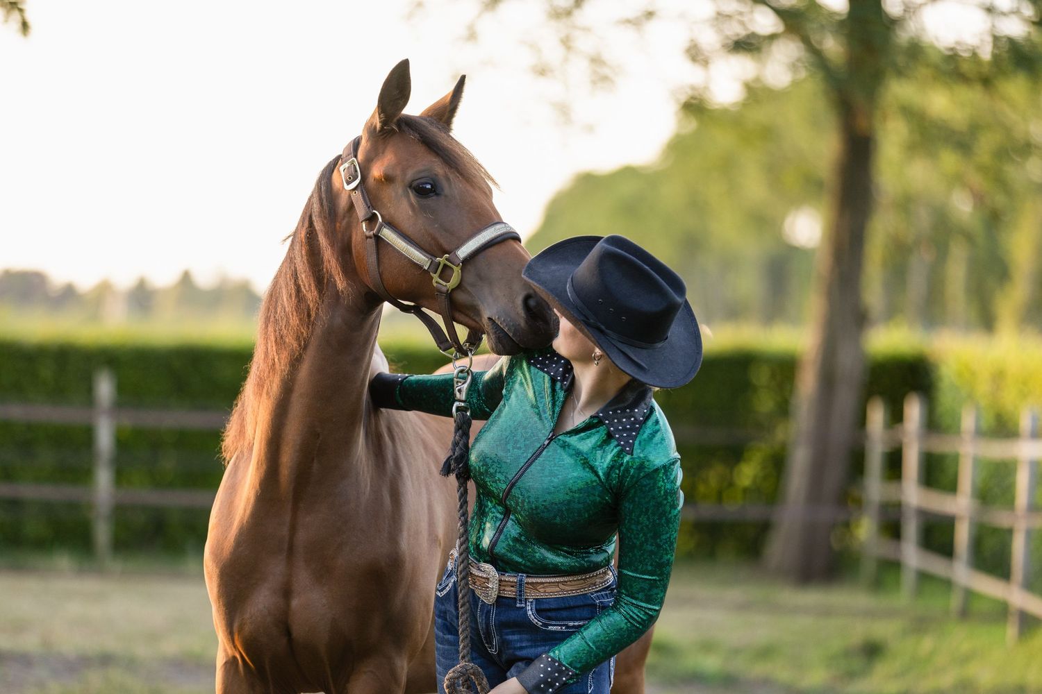 A horse and handler share a moment in an outdoor paddock at sunset.