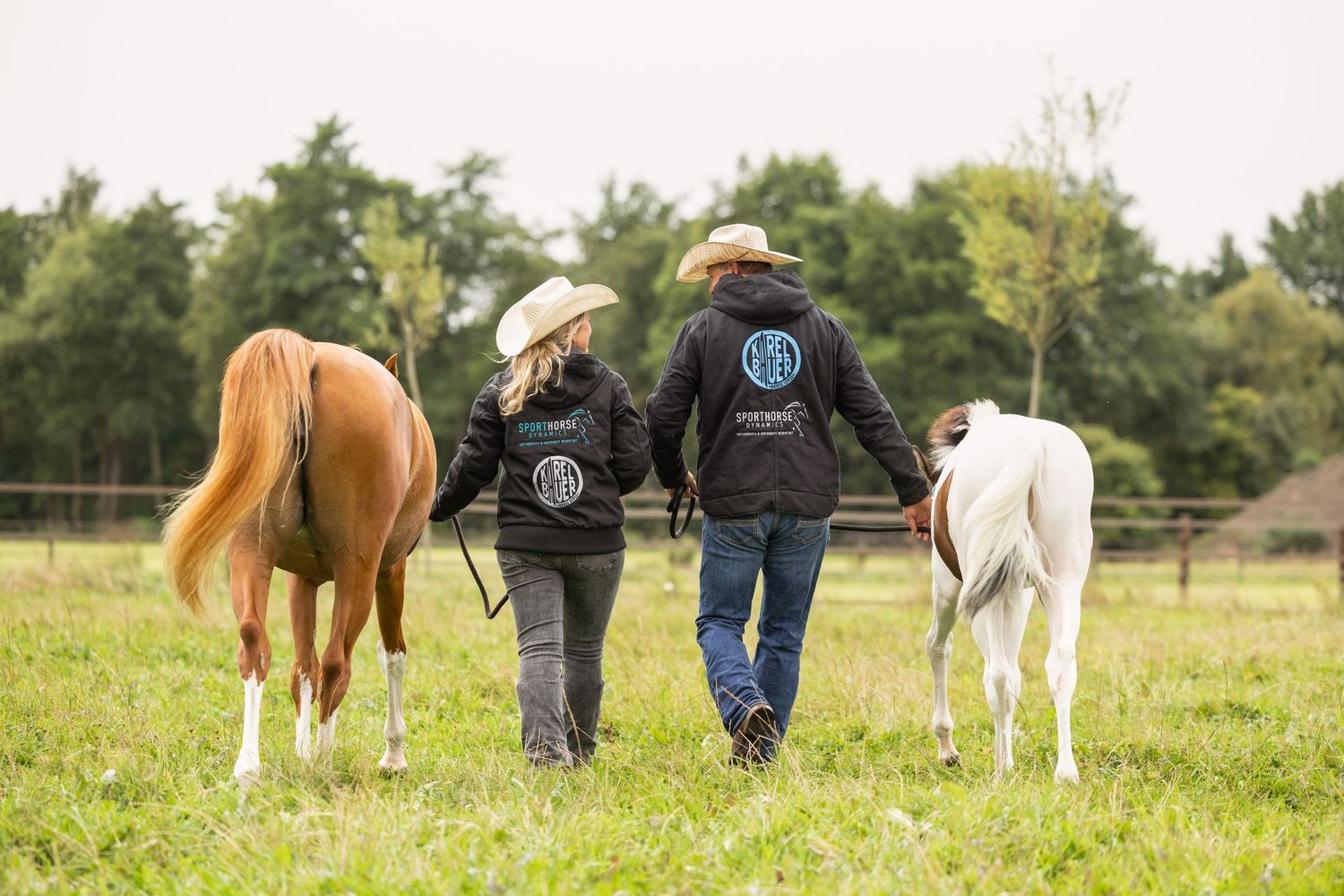 Several horses and their handlers gathered in a sunny pasture.