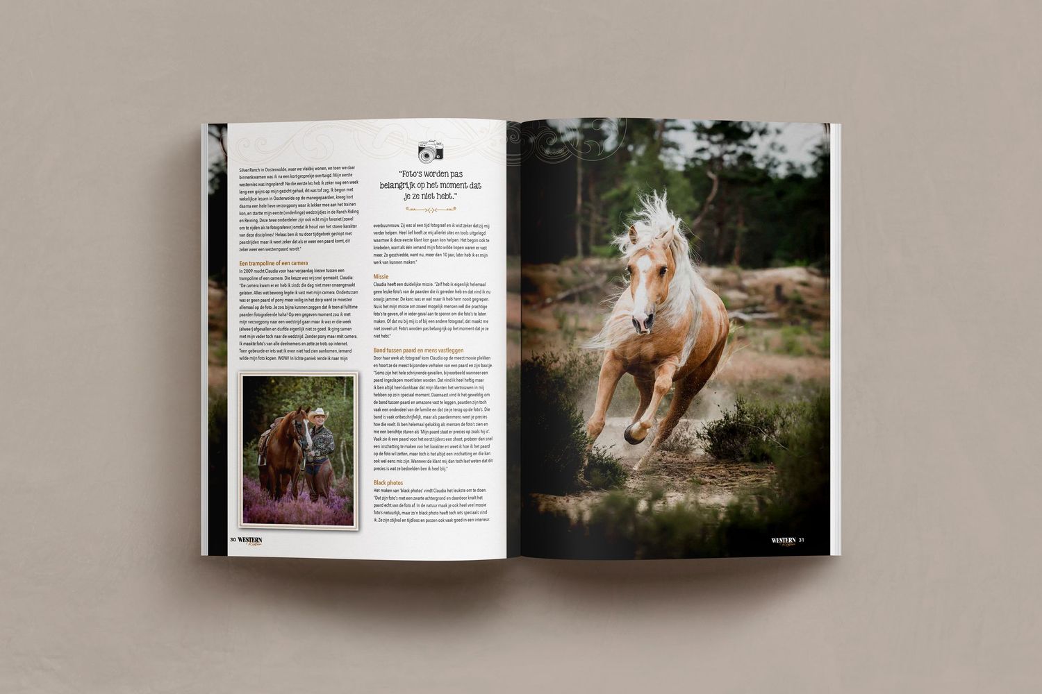 Magazine layout featuring multiple horse photographs and text columns in an editorial style.
