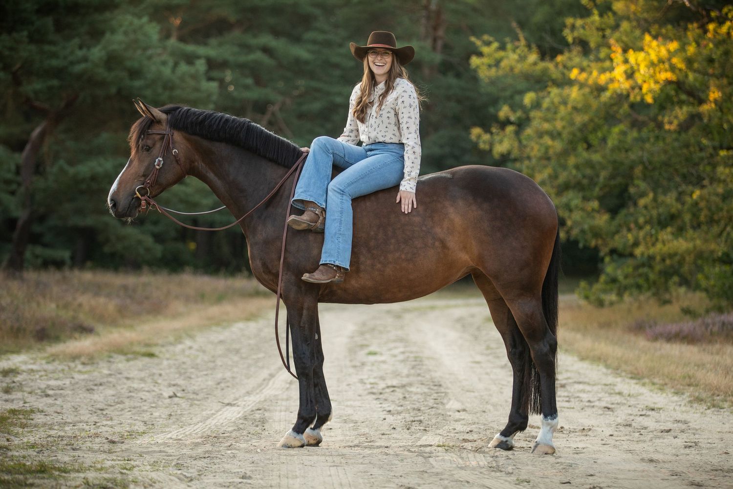 Beautiful brown horse and rider walking along a wooded trail during golden hour sunset.