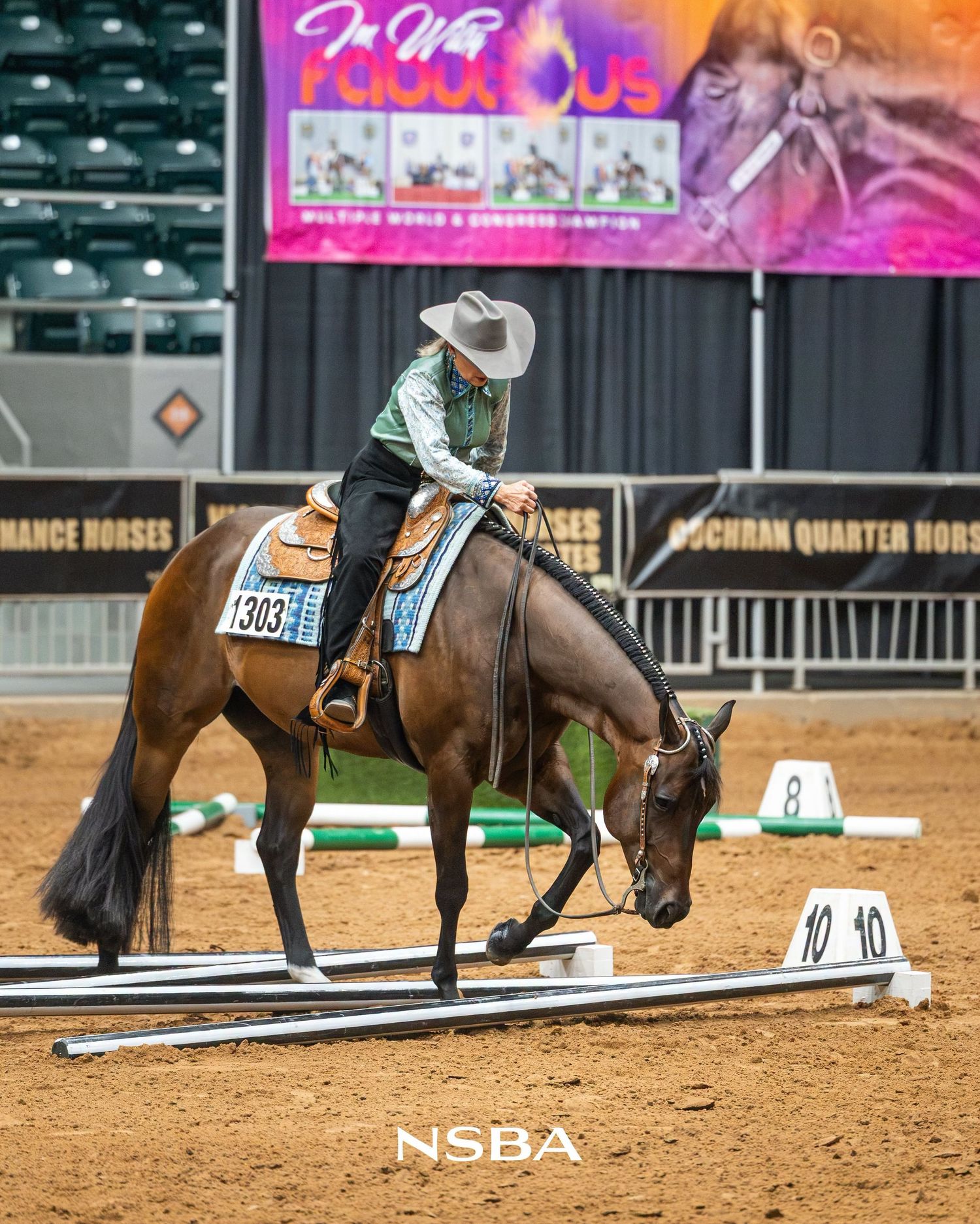 Rider in white hat on bay horse navigating poles at NSBA horse show competition.