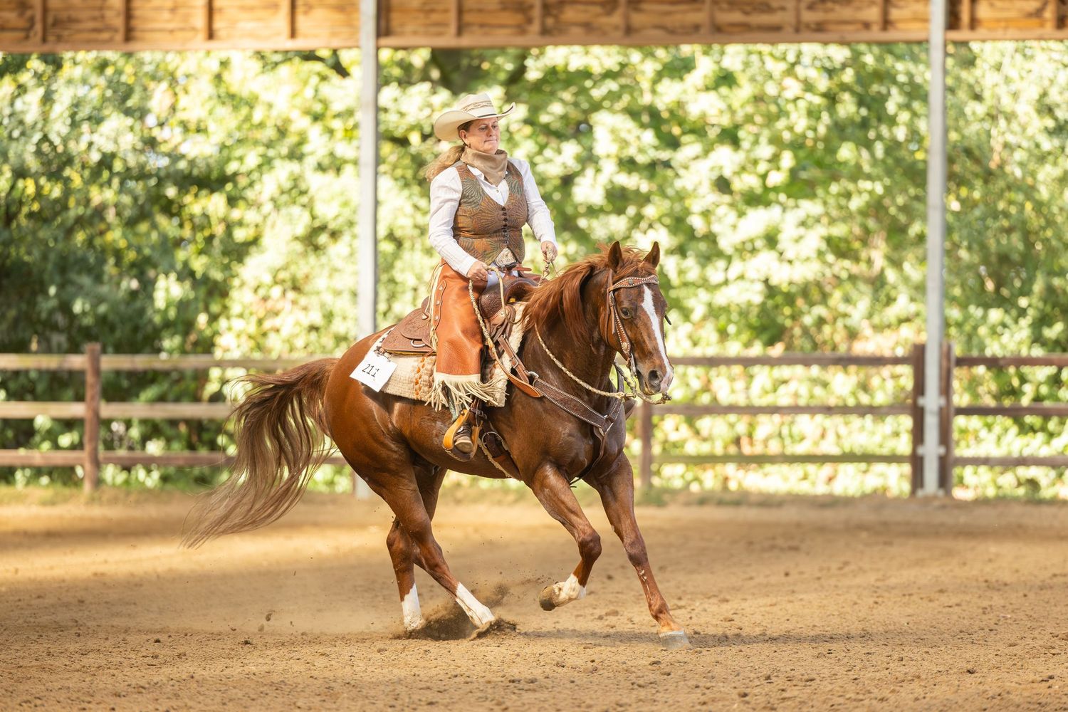 Horses and riders training in an outdoor arena surrounded by trees.