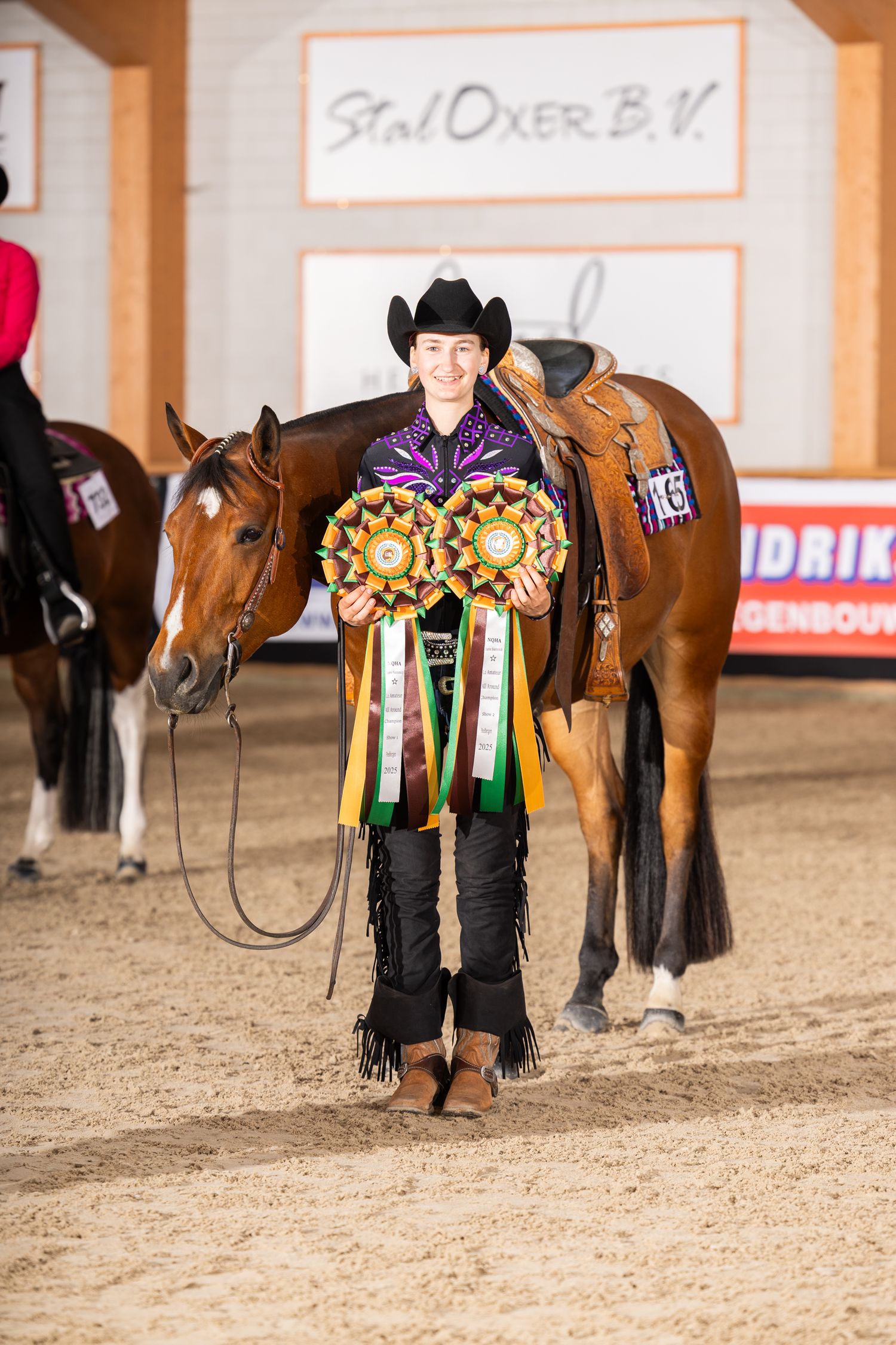 Horses with colorful ribbons and awards displayed in an indoor competition arena.