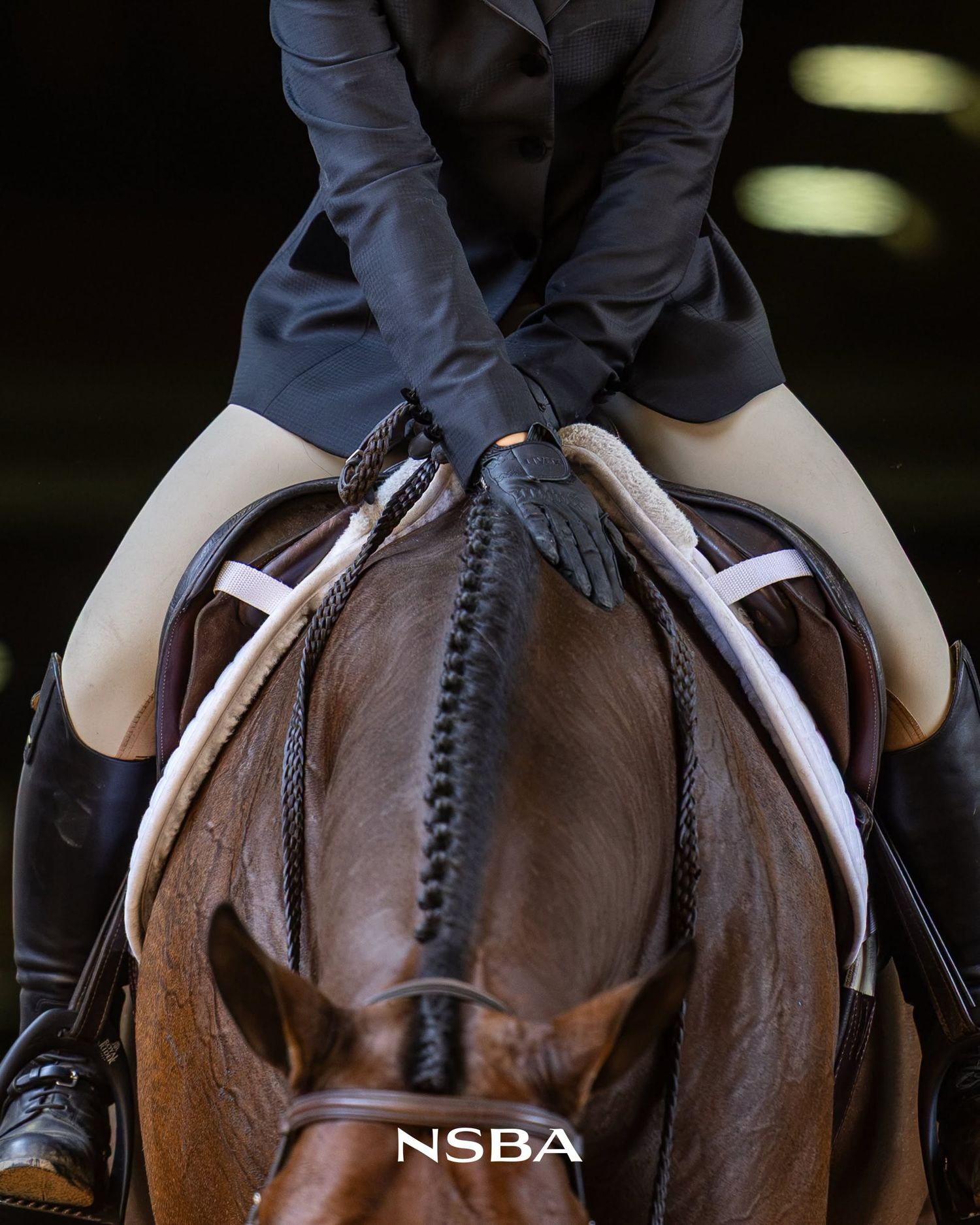 Close-up of an equestrian rider in black attire on a braided chestnut horse at an NSBA show.