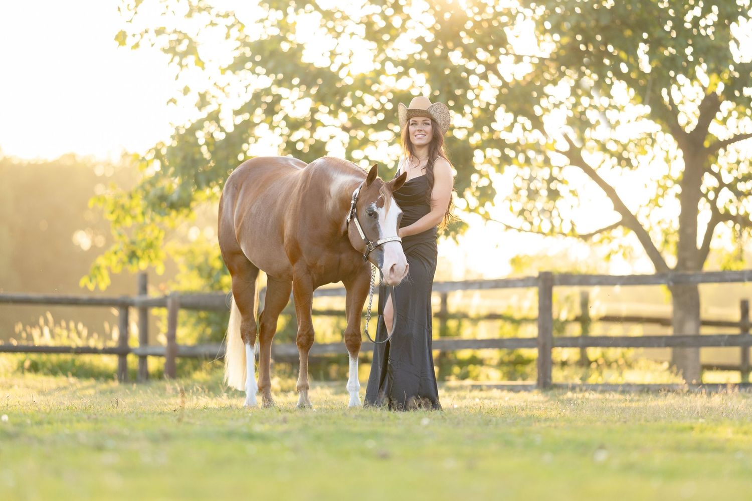 Woman in black gown stands beside chestnut horse in sunlit paddock with wooden fence and trees.