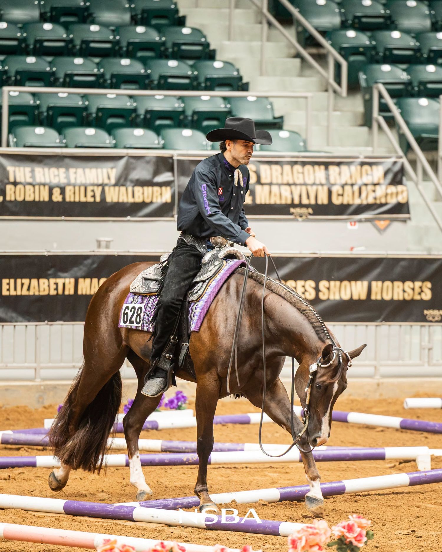 Rider in black hat on chestnut horse competing in western horse show on sandy arena floor during NSBA World Show.