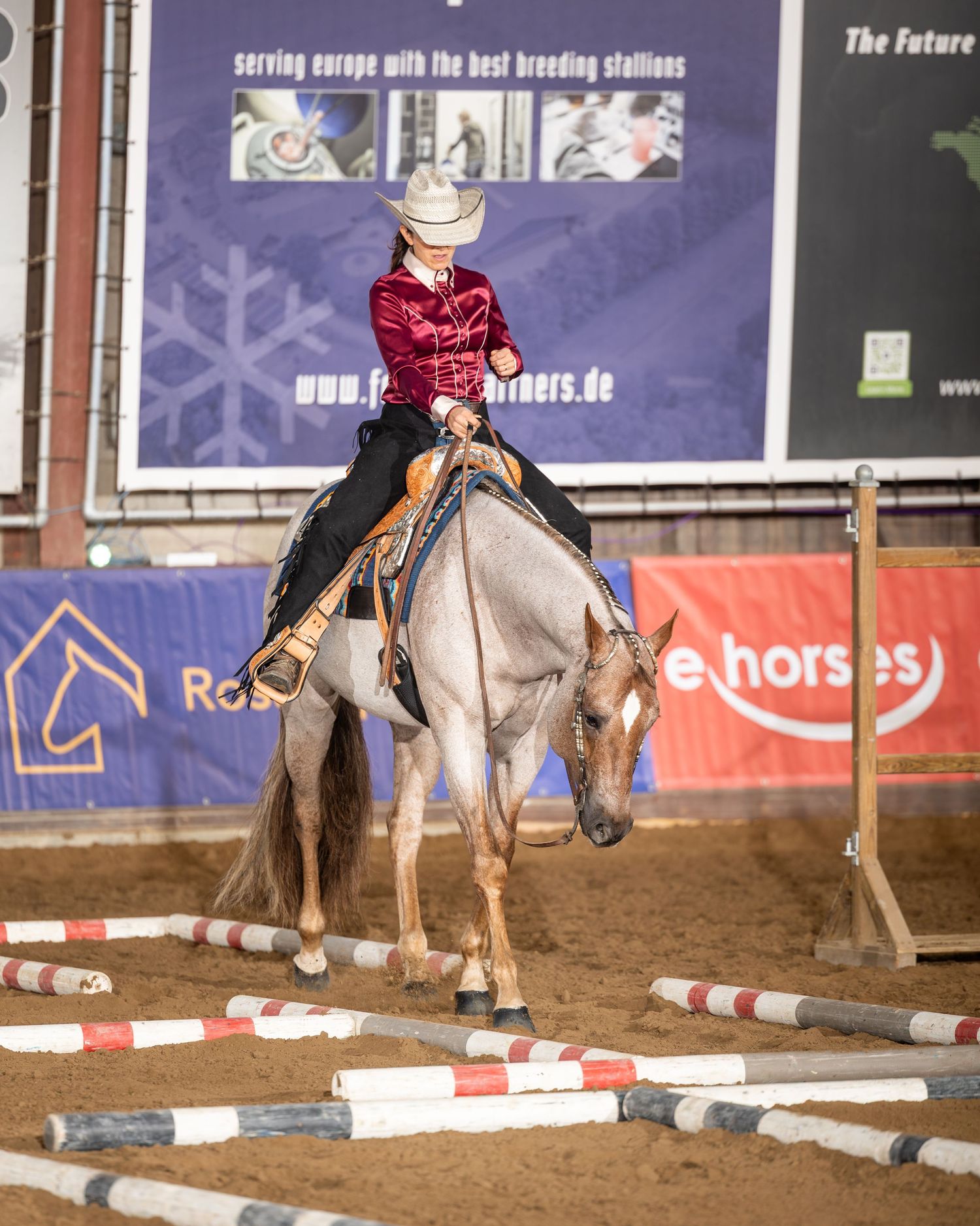 Woman in red jacket and cowboy hat riding a gray horse through poles at an indoor western riding competition.