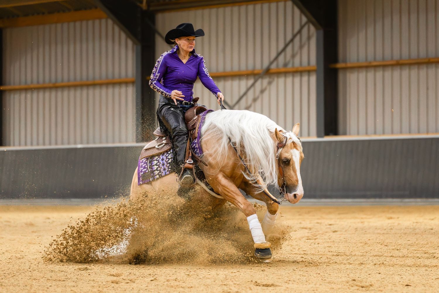 Horse and rider executing powerful sliding stop in western reining competition.