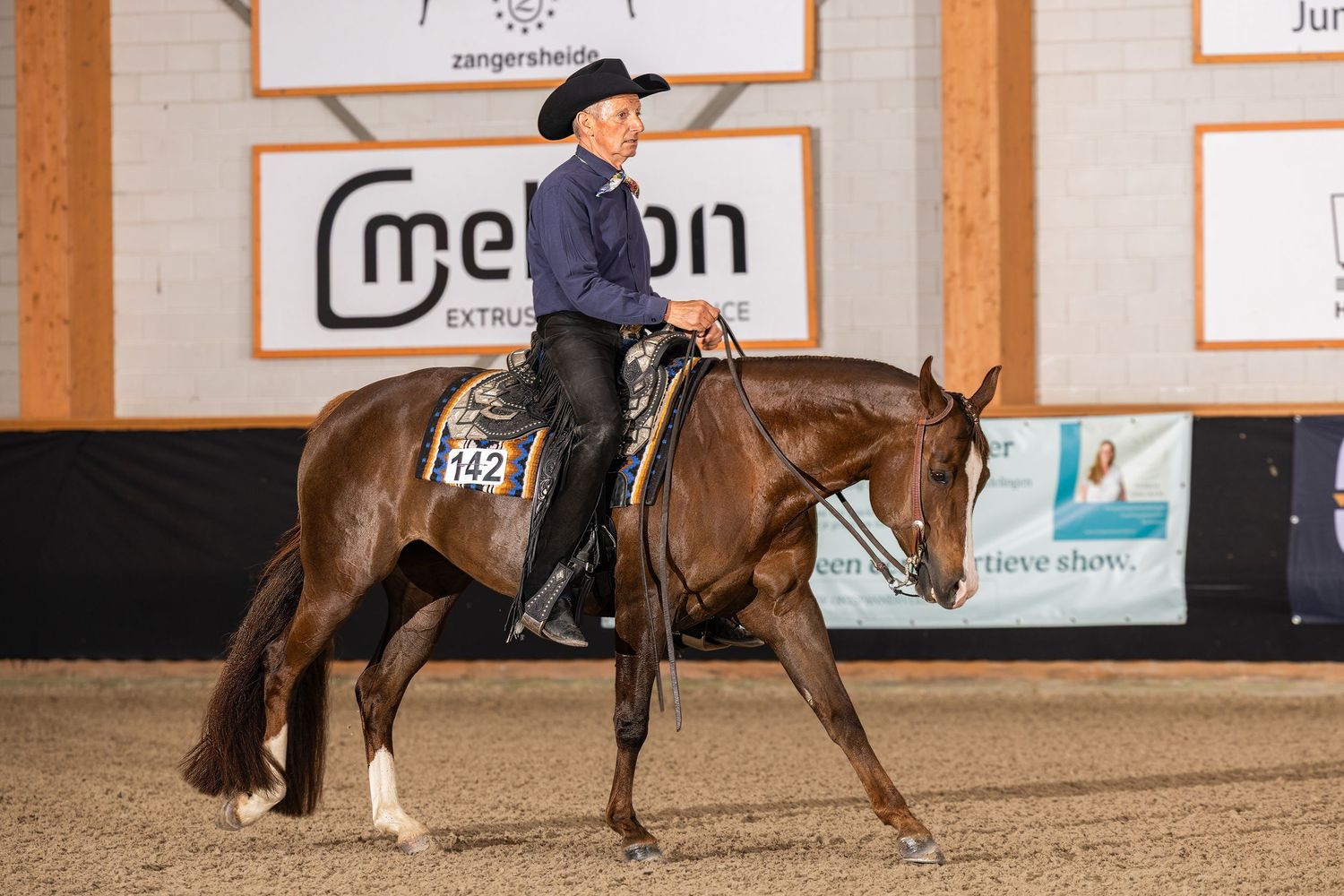 Horse and rider performing dressage movements in a professional indoor riding facility.