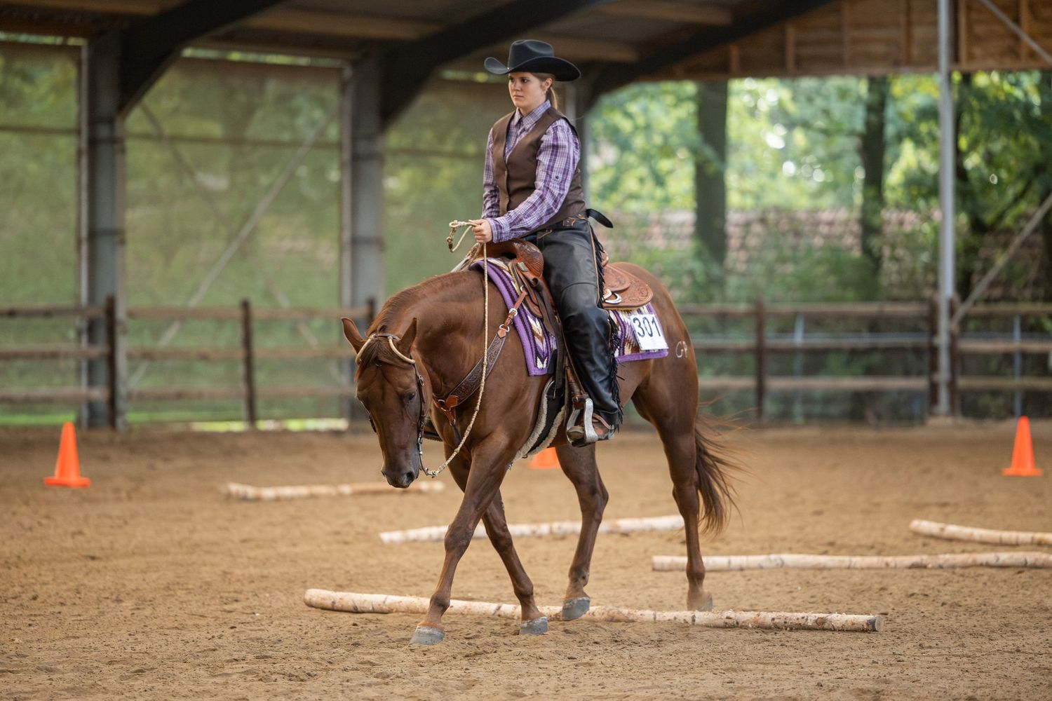 A rider in western attire on a chestnut horse performing in an indoor arena with orange cones.