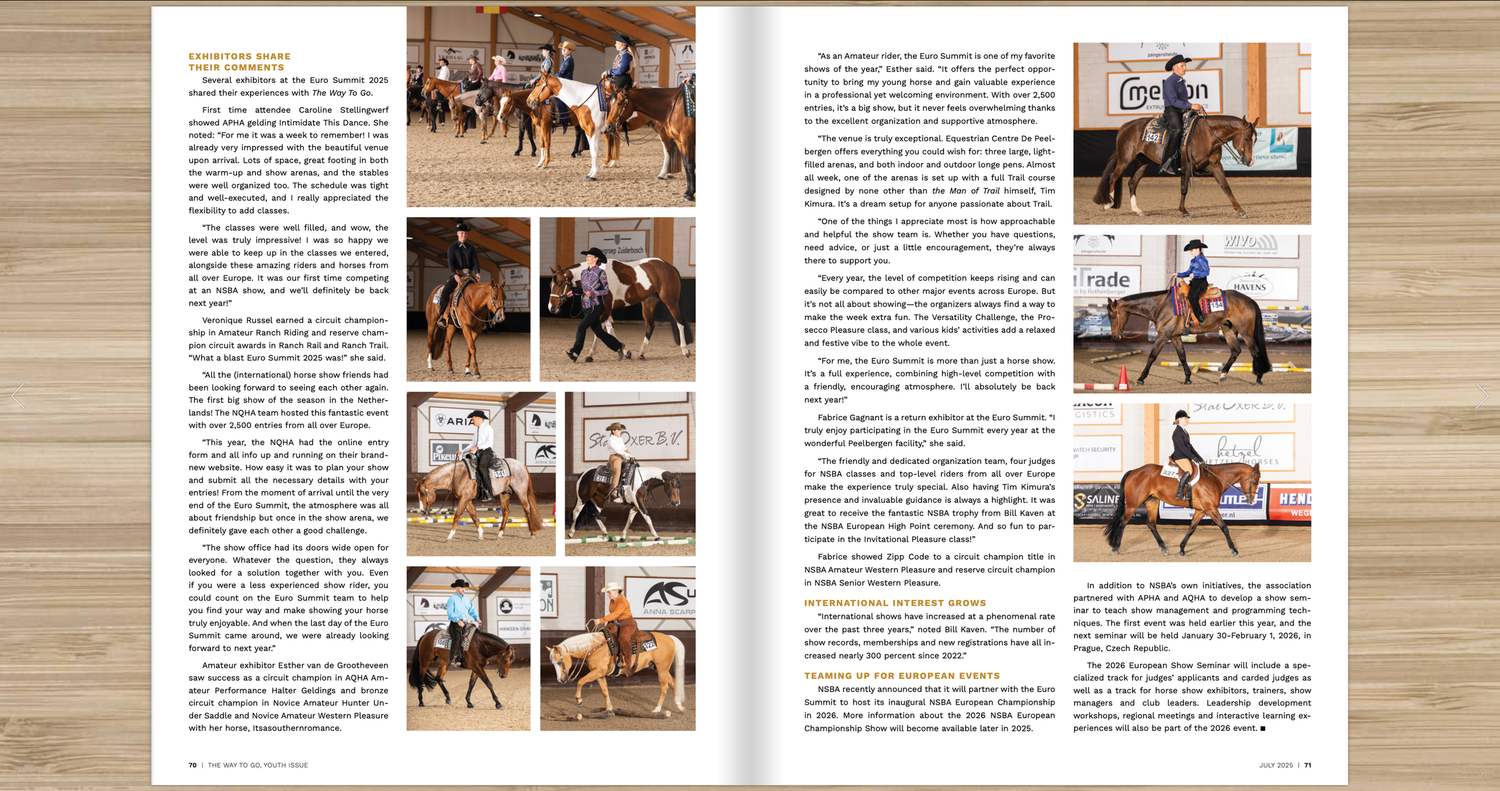 Multi-page magazine layout featuring equestrian training and event coverage.