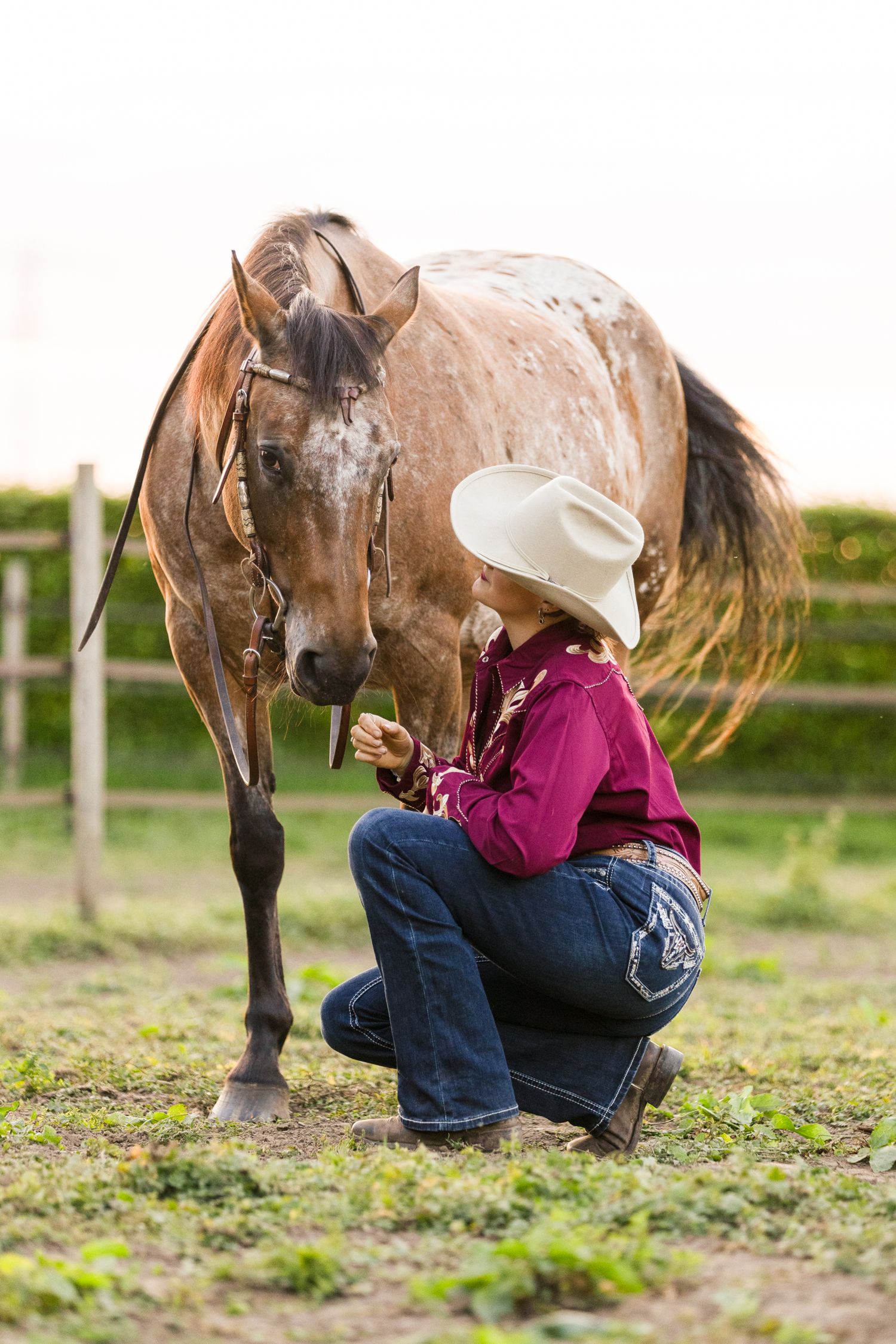 Someone in cowboy attire crouches next to a spotted horse in a pasture.