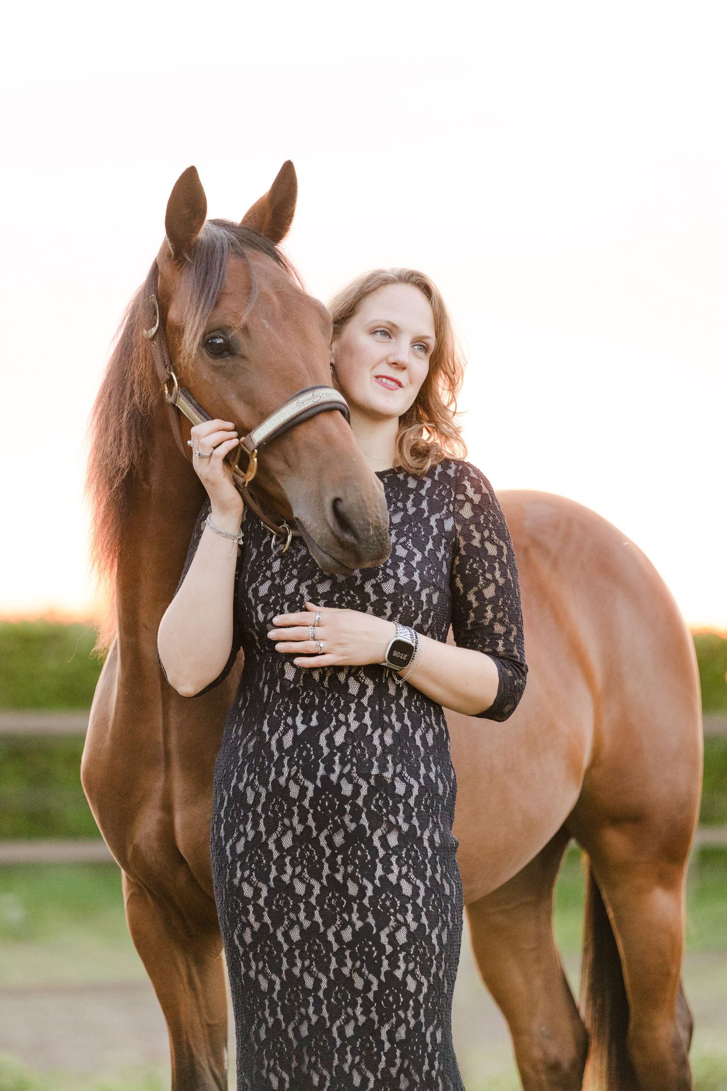 A chestnut horse poses with someone in a black lace dress during a sunset photoshoot.