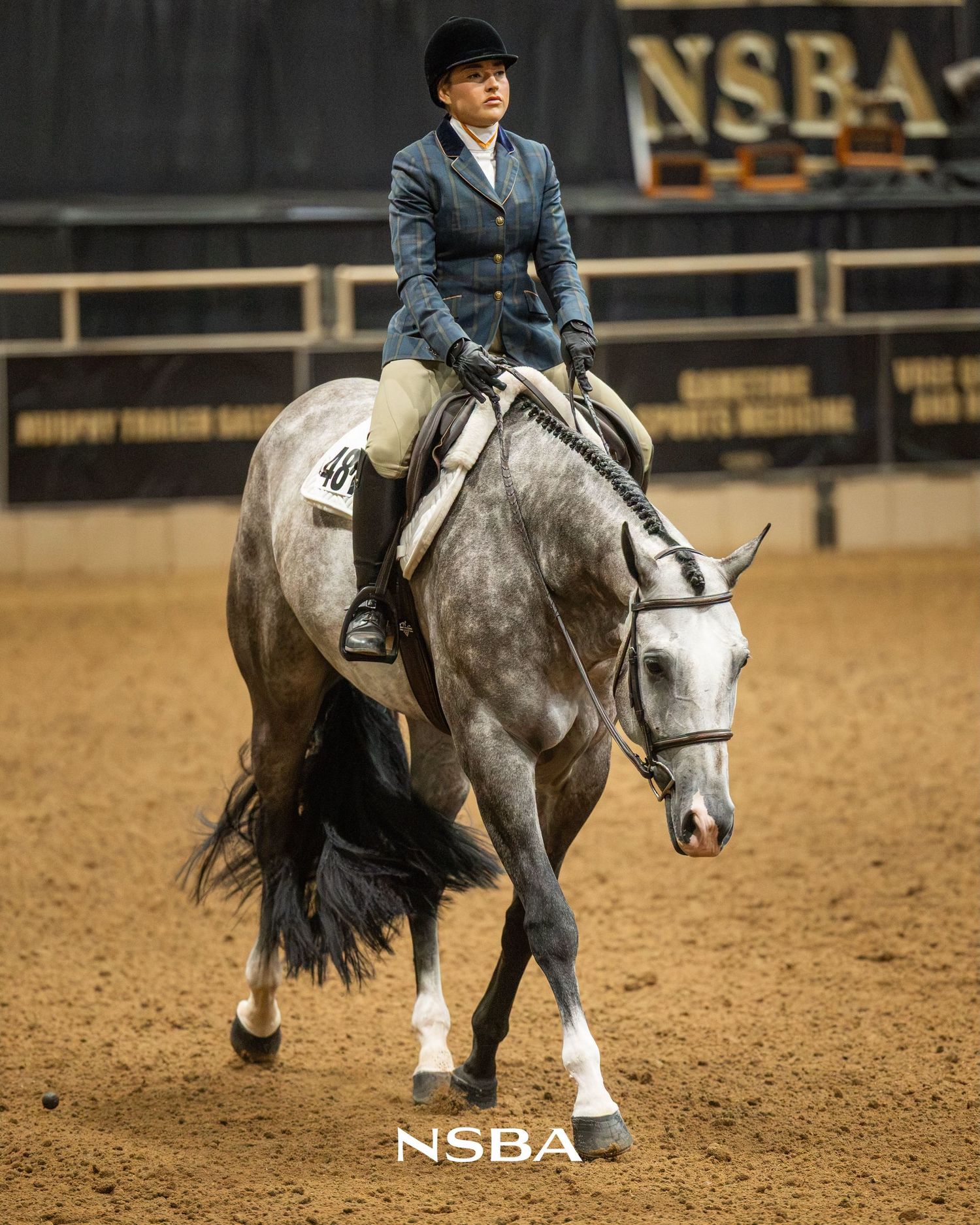 Equestrian rider in blue jacket on dapple gray horse competing at NSBA horse show on sandy arena floor.