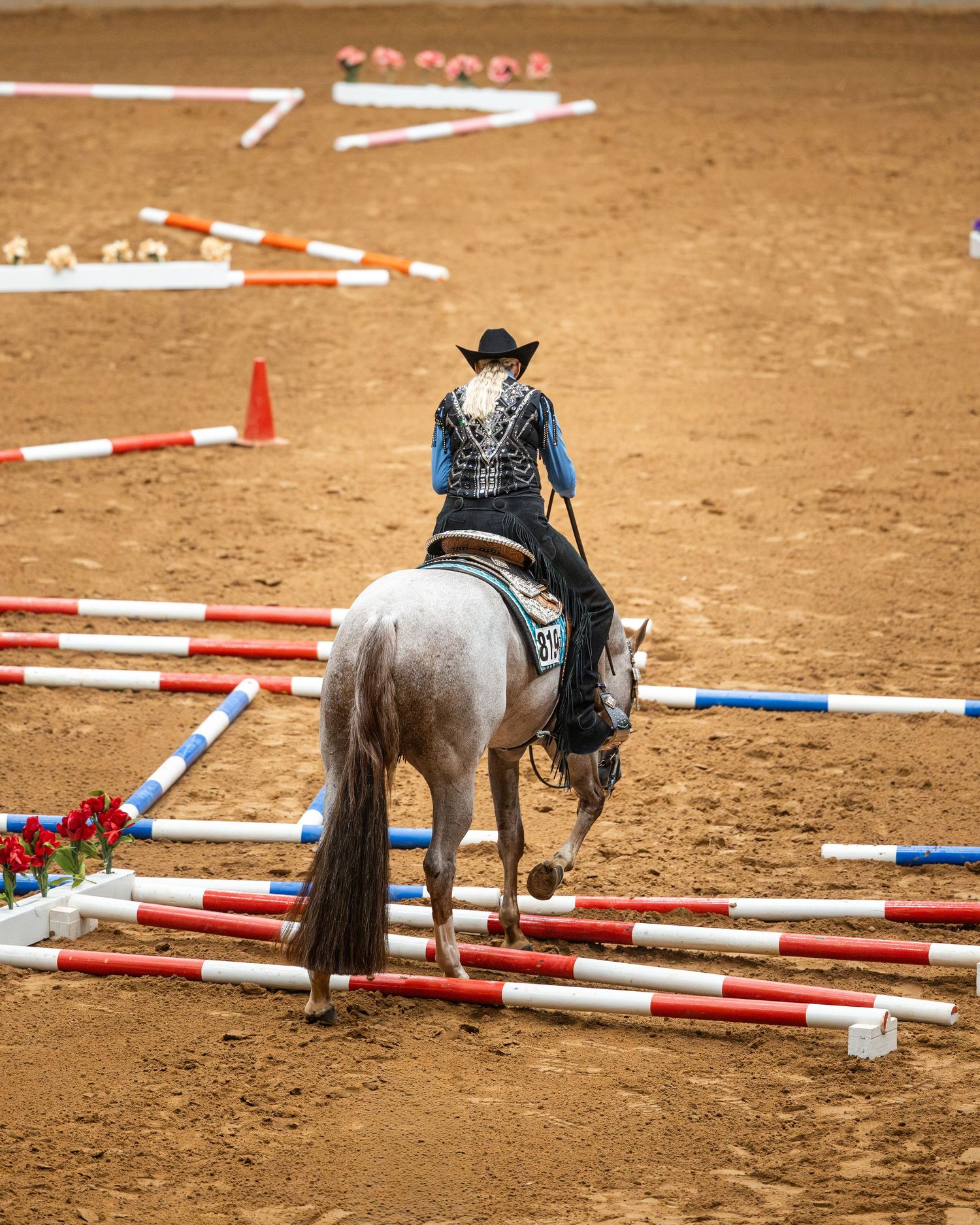 A rider in a black hat and western show jacket navigates a gray horse through a trail pattern at the NSBA World Show.