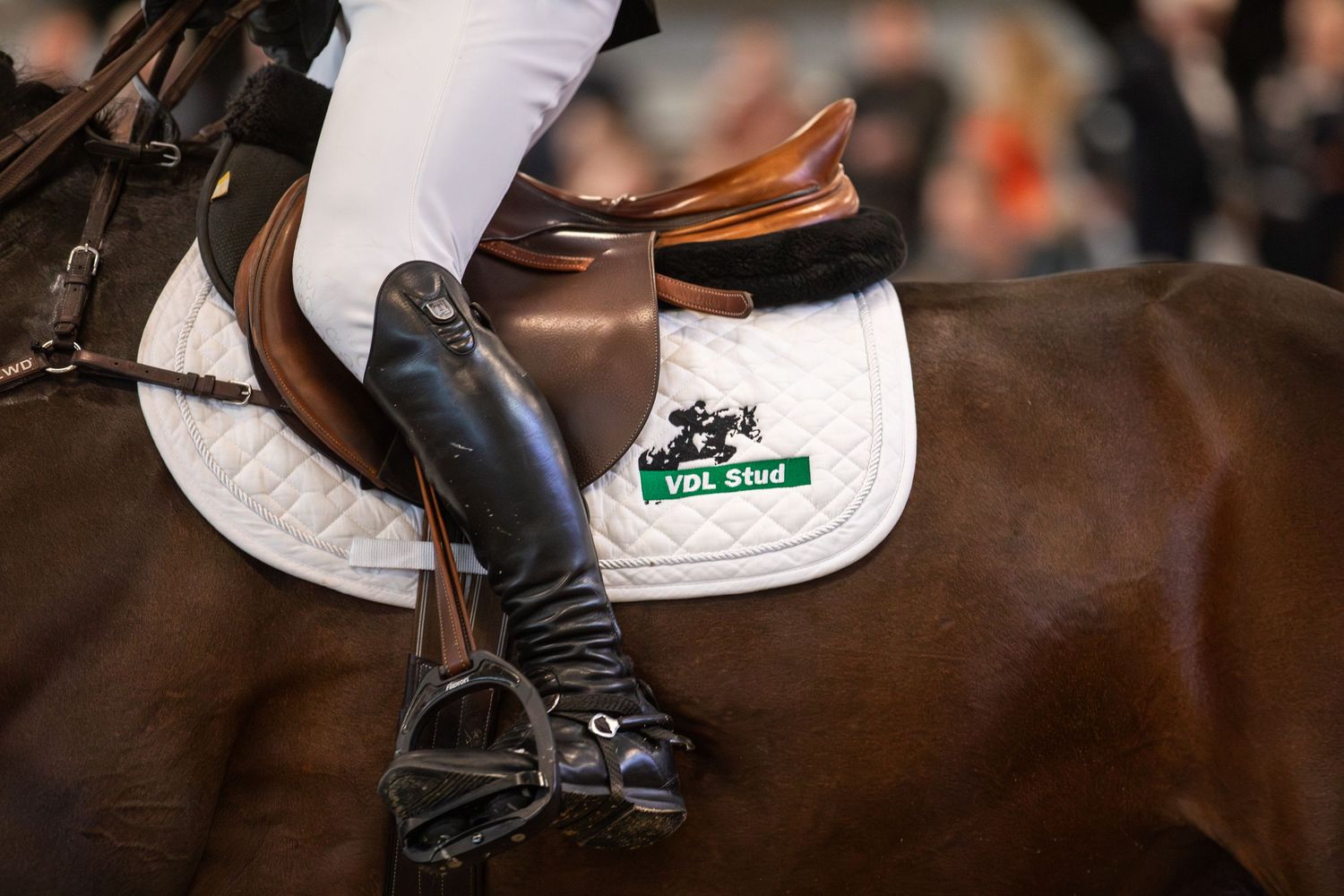 Close-up detail shots of equestrian boots, stirrups, and riding gear during a competitive event.
