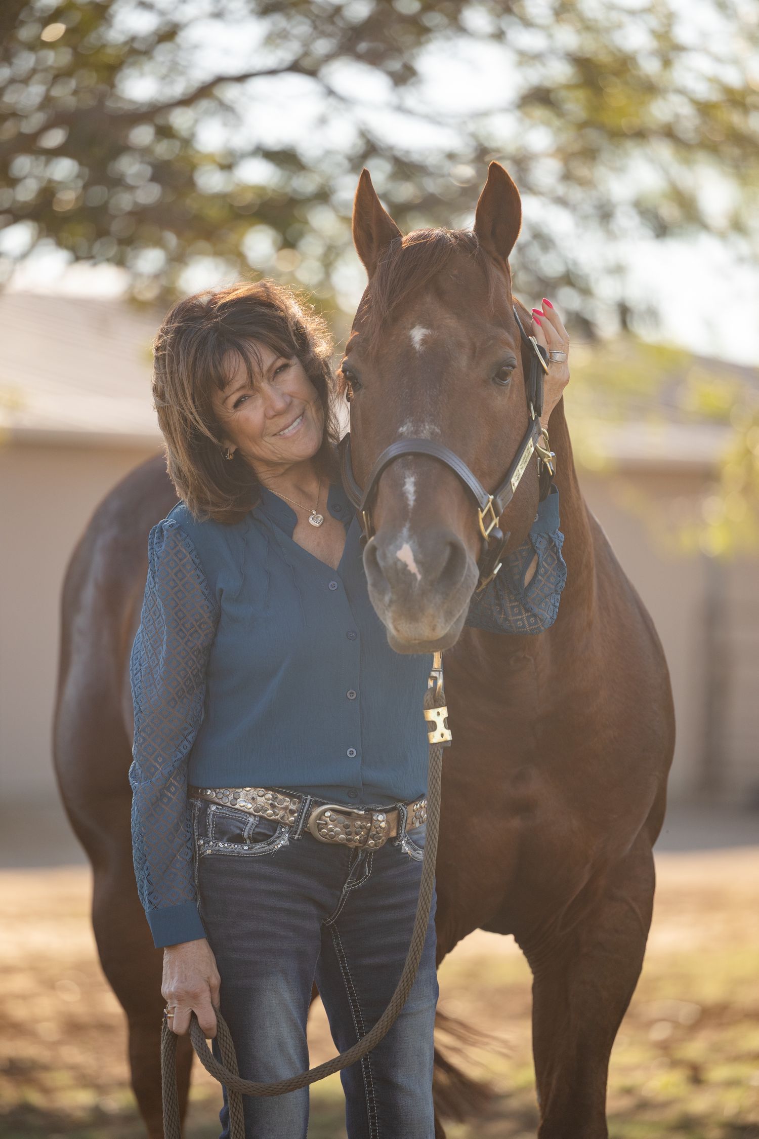 Person in denim outfit interacts affectionately with a brown horse in golden sunlight.