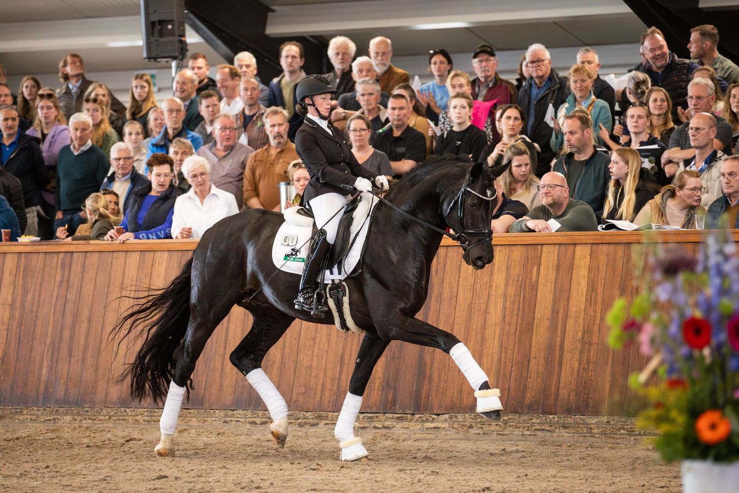 A dressage rider performs in an indoor arena with a black horse in front of a wooden wall and spectator crowd.
