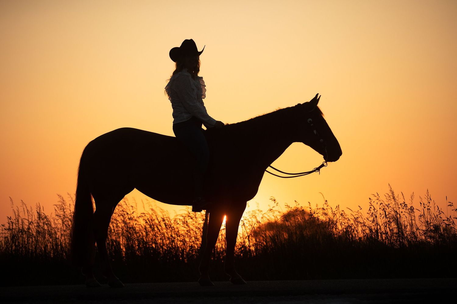 Silhouette of horse and rider against orange sunset sky.