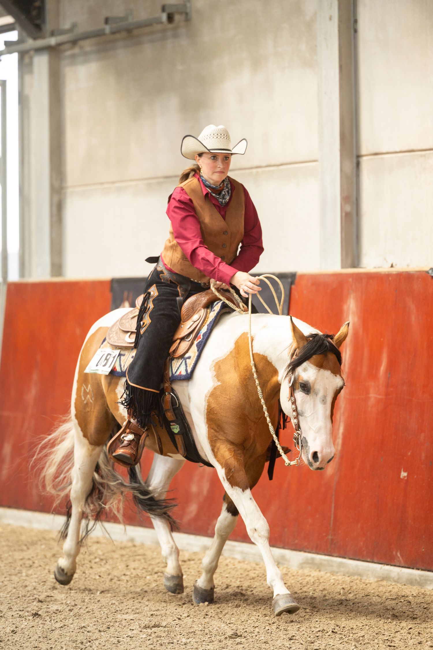 Paint horse performing western riding movements in indoor arena competition.