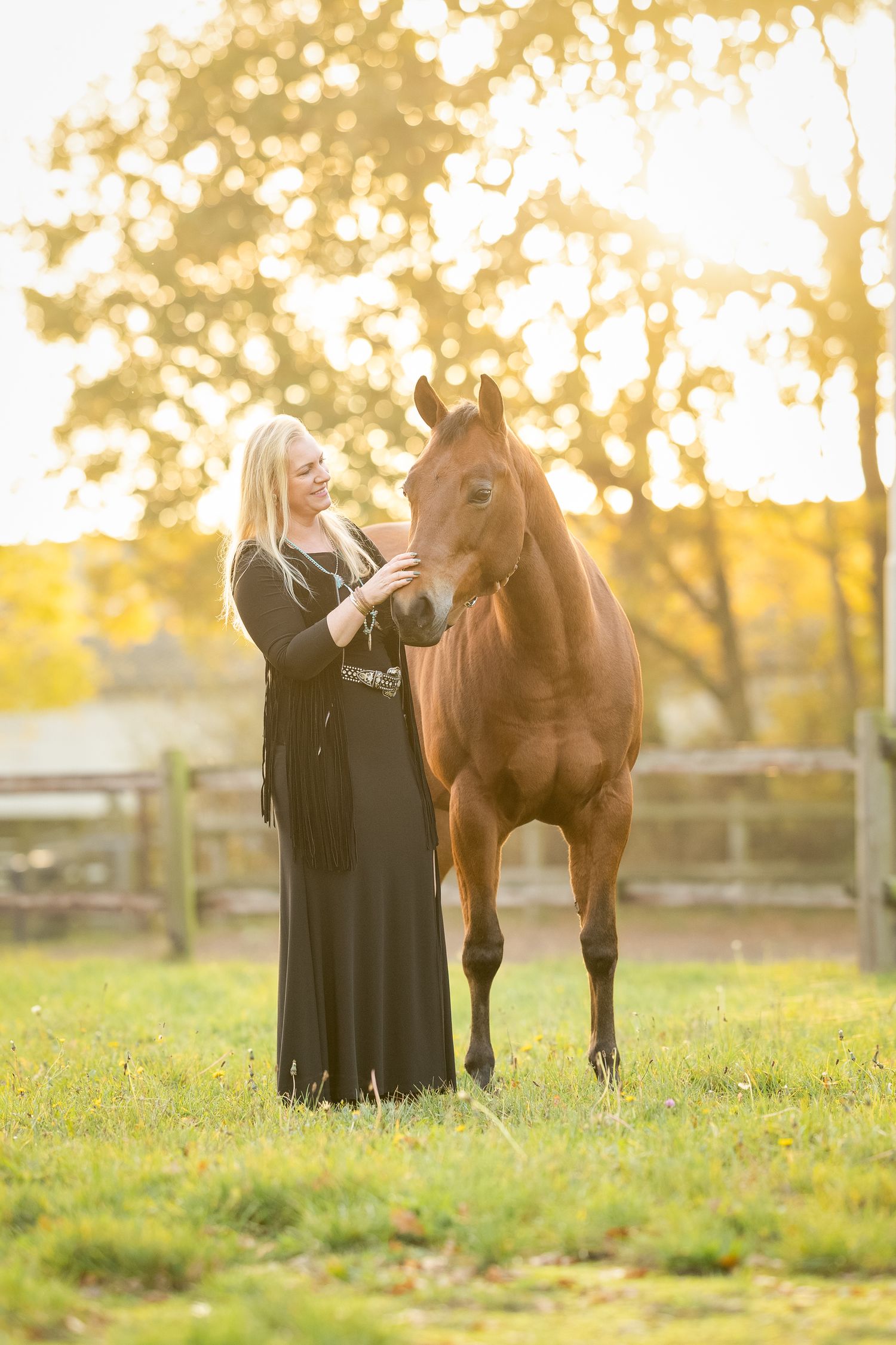 Person in dark dress bonds with brown Quarterhorse in sunlit pasture.