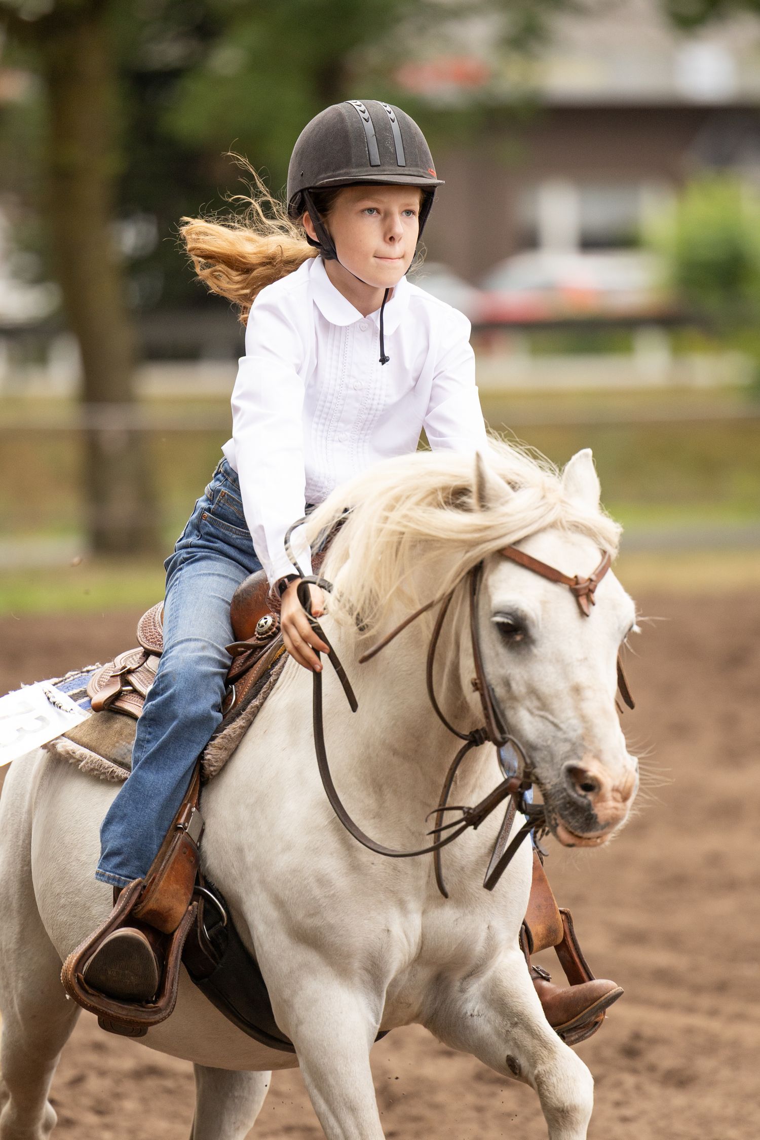 White horse and rider executing precise movements during an equestrian training session.