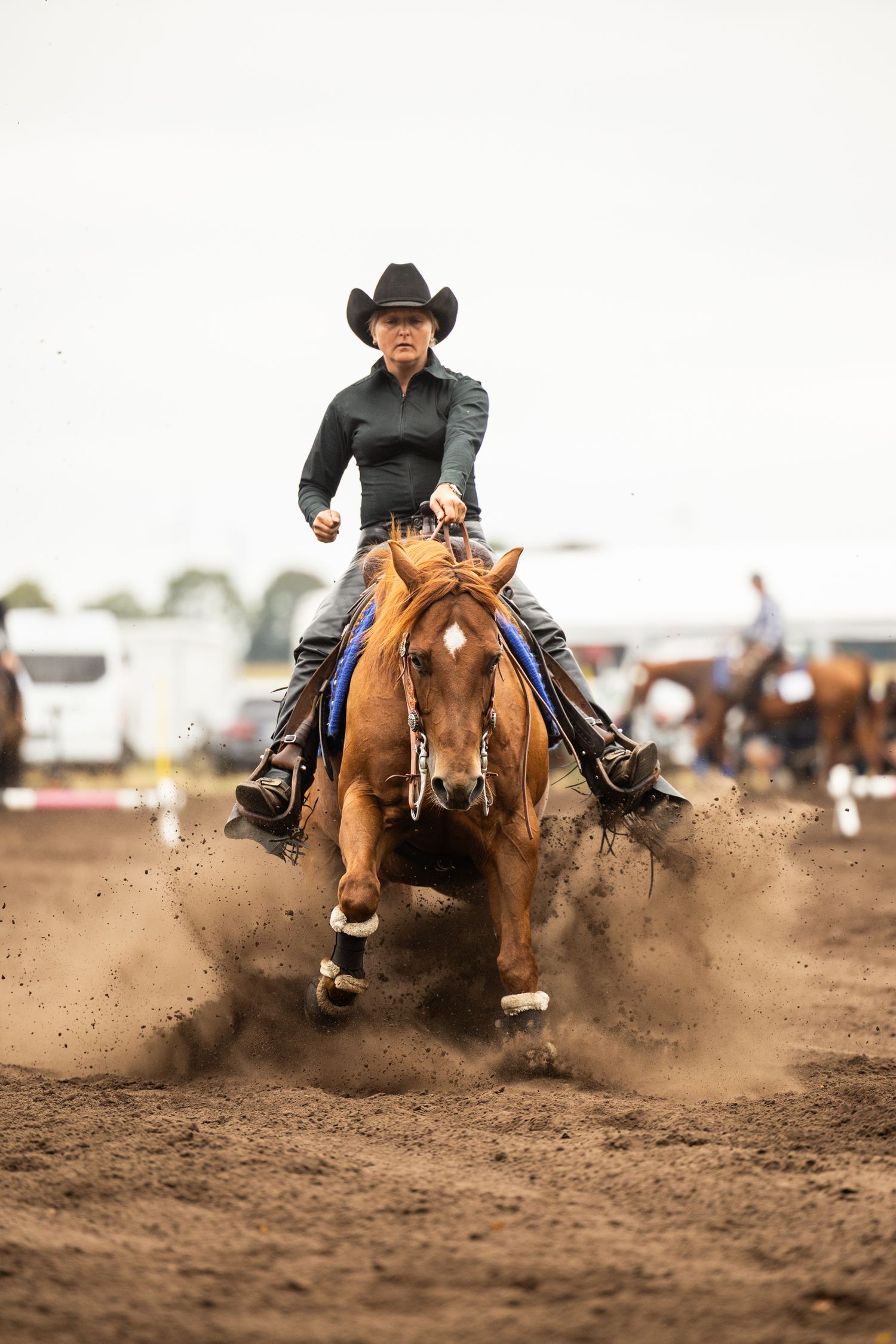 A horse and rider kick up dust during an intense sliding stop, reining competition.