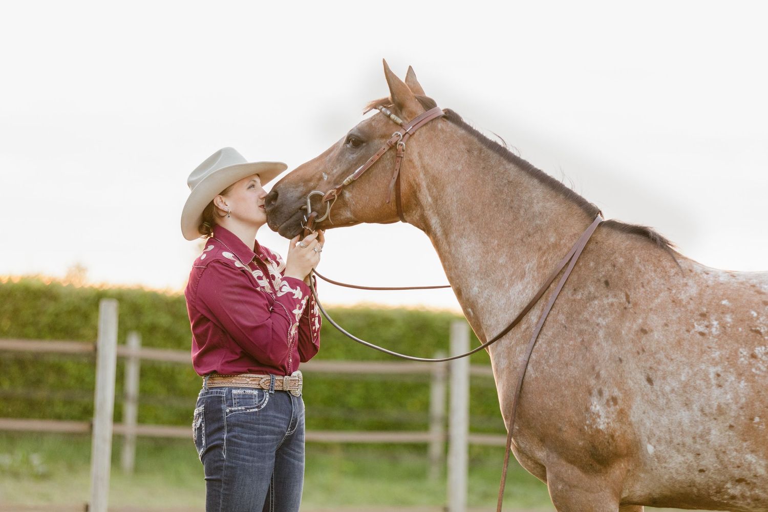 A spotted horse stands beside someone in western wear in a fenced pasture.