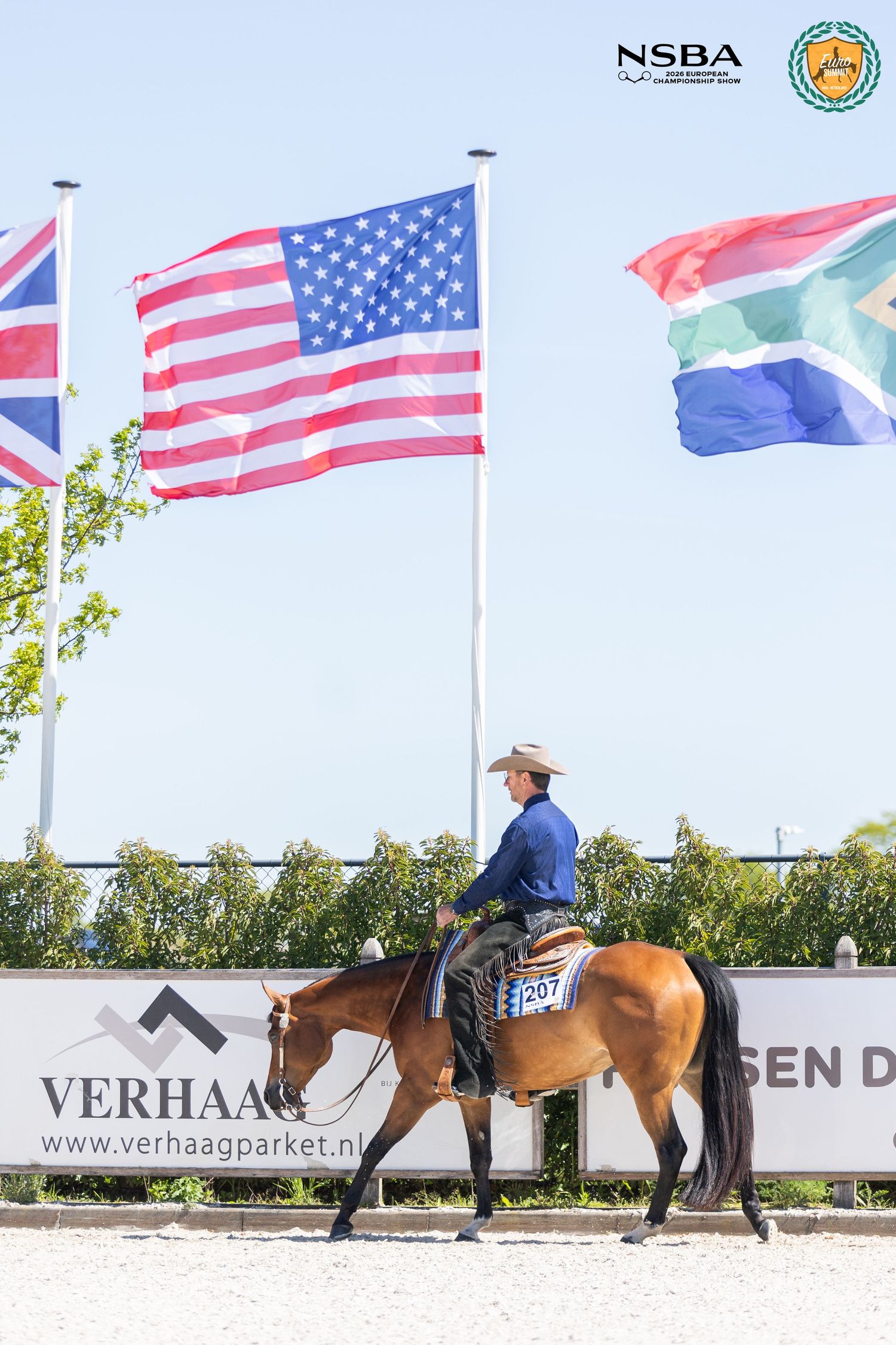 Rider on bay horse at NSBA equestrian event with US, UK, and South African flags flying outdoors.