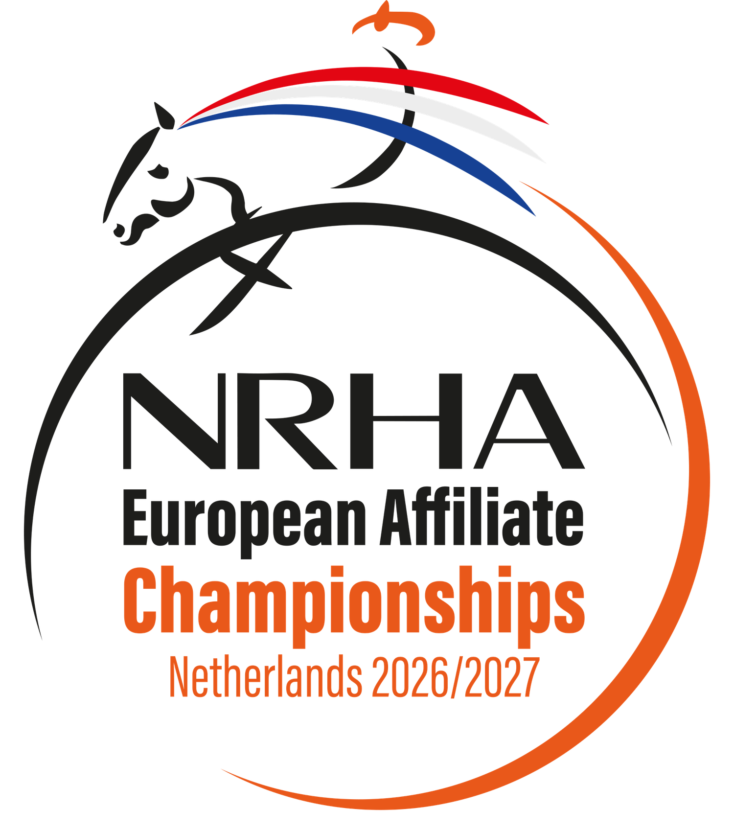 NRHA European Affiliate Championships Netherlands 2026/2027 logo with a jumping horse silhouette.
