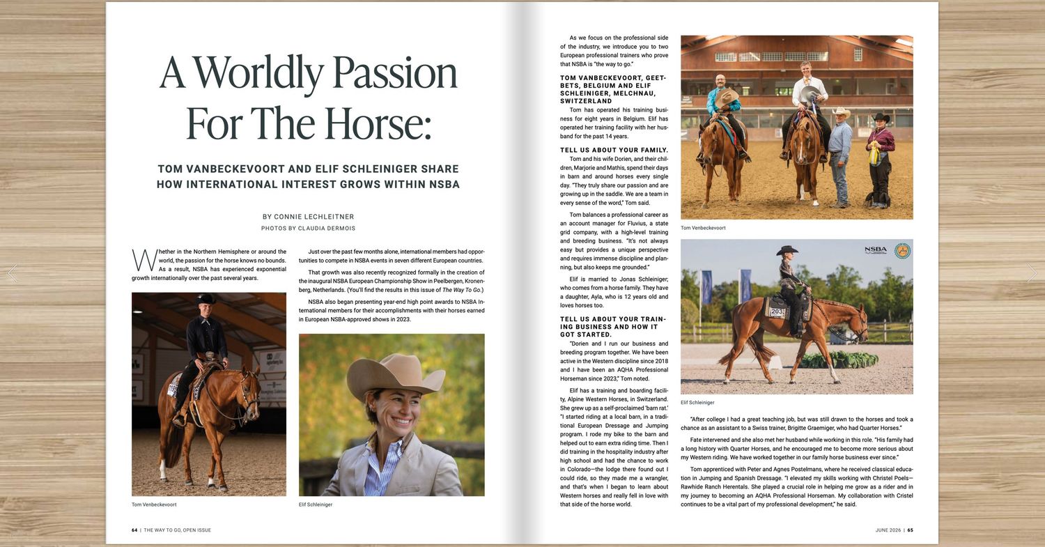 Magazine spread featuring equestrian riders on horses in an arena, with article title A Worldly Passion For The Horse.