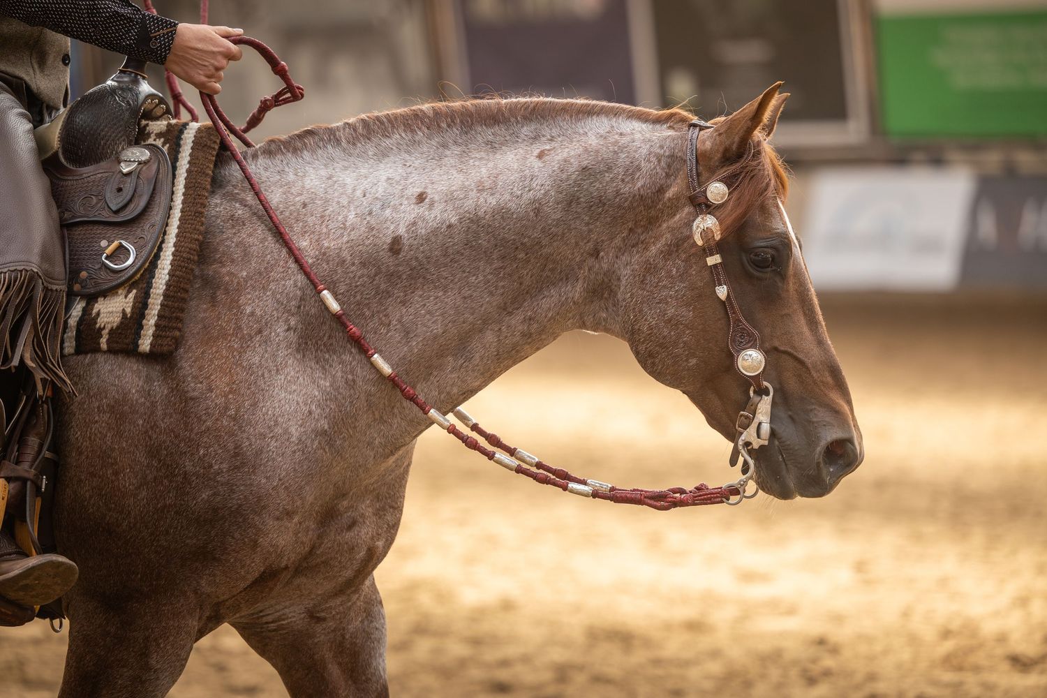 A rider on a dapple gray horse with decorative bridle competes in an indoor western equestrian event.