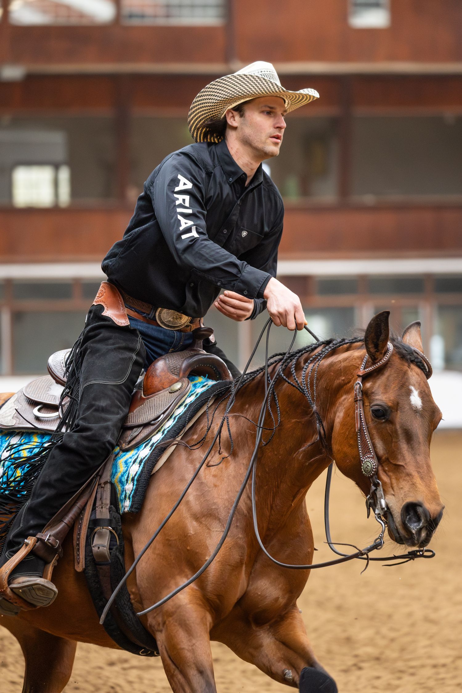 A western rider guides a bay horse through a reining competition pattern in a sandy arena.