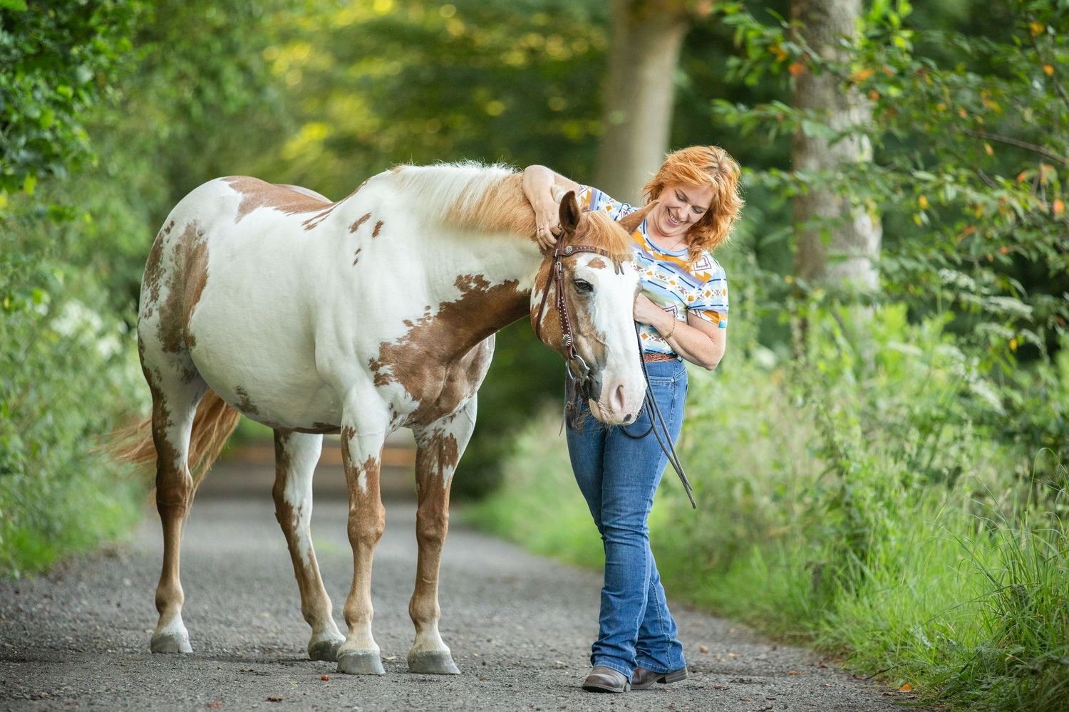 Paint horse walking along a tree-lined path with handler.